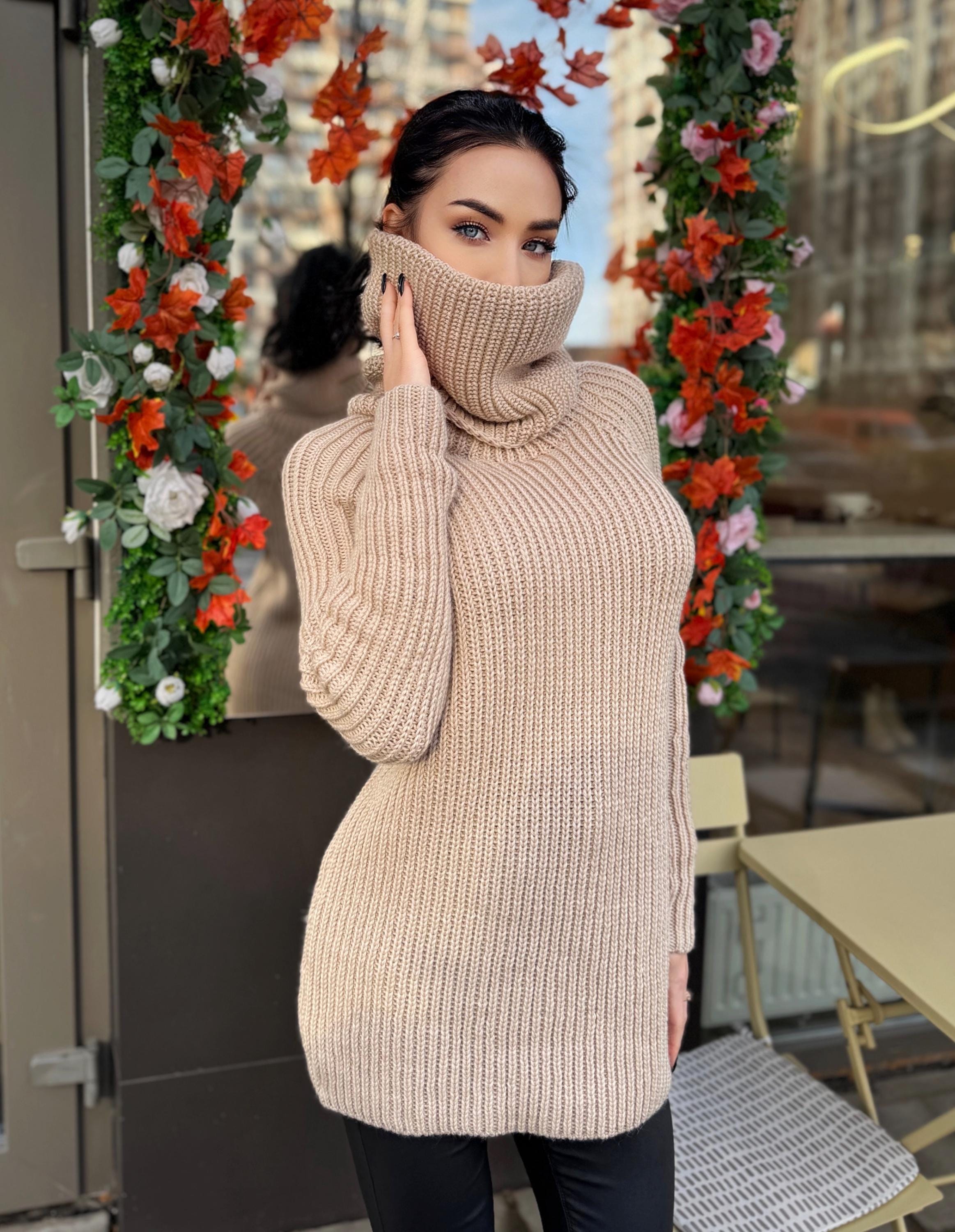 Hand knit big beige merino wool turtleneck ribbed sweater Big high collar long hand knit wool sweater dress Cable knit pullover Chunky knit