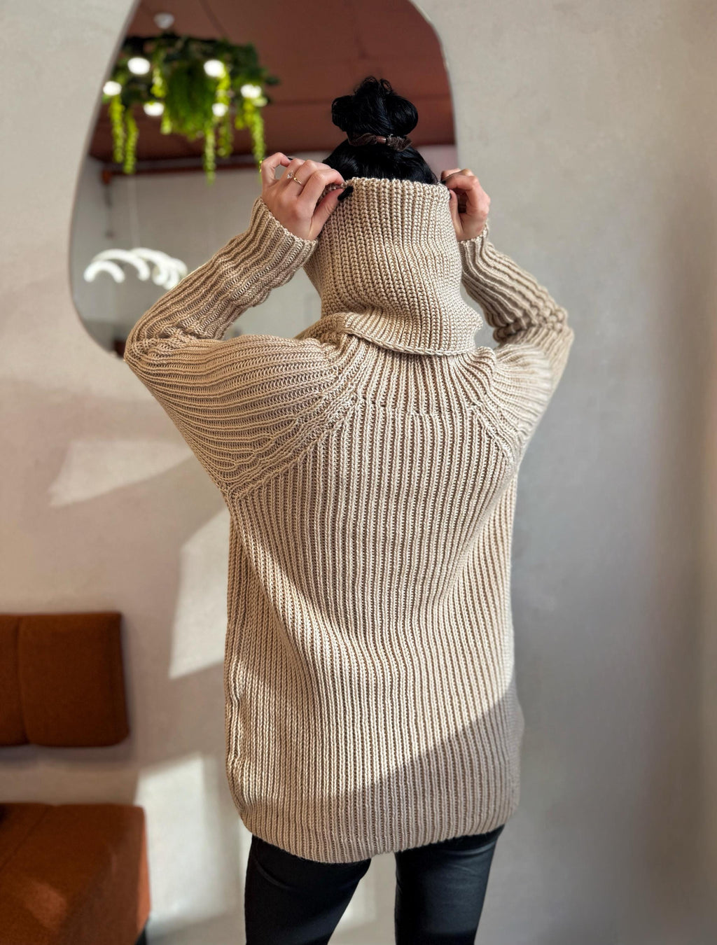 Hand knit big beige merino wool turtleneck ribbed sweater Big high collar long hand knit wool sweater dress Cable knit pullover Chunky knit