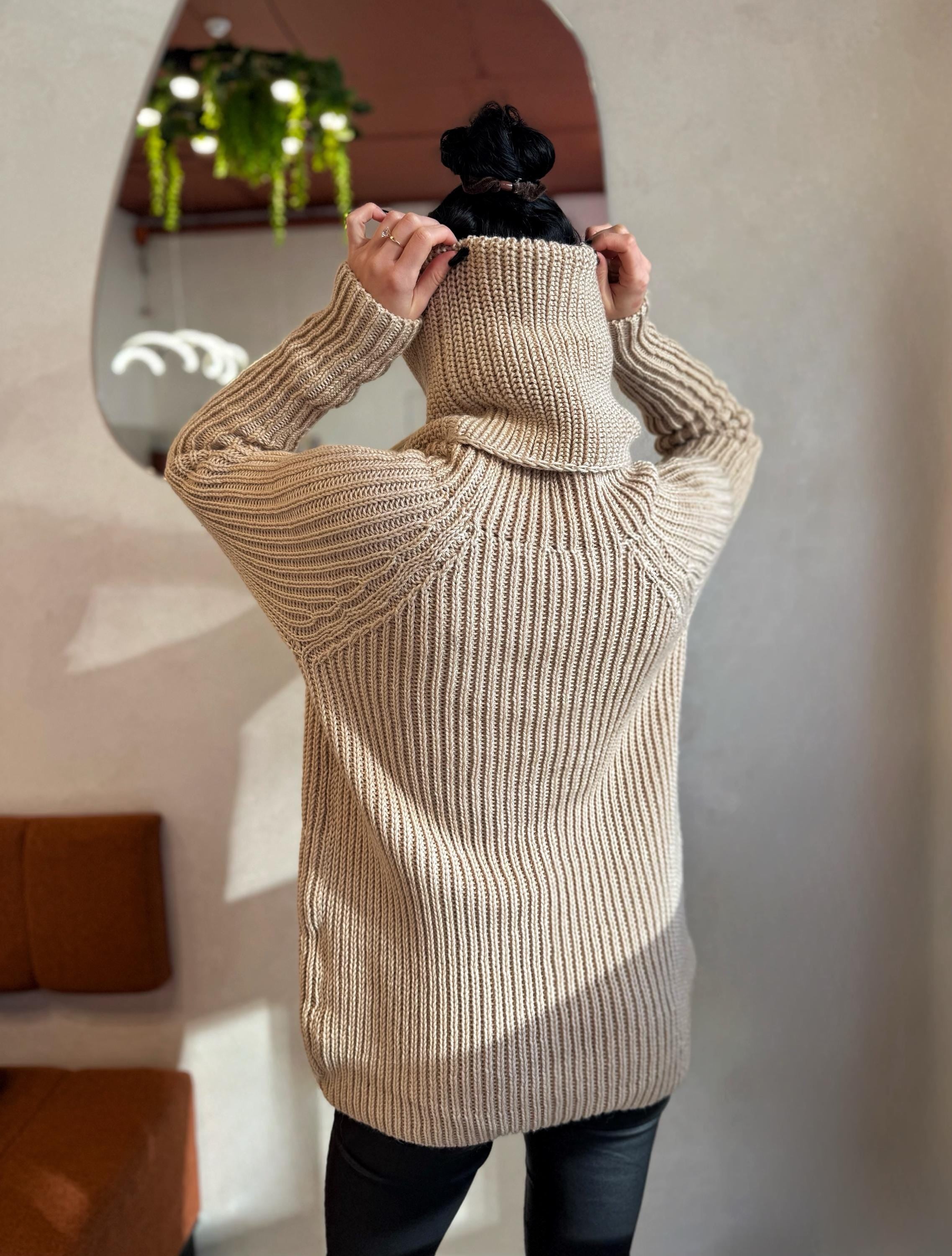 Hand knit big beige merino wool turtleneck ribbed sweater Big high collar long hand knit wool sweater dress Cable knit pullover Chunky knit