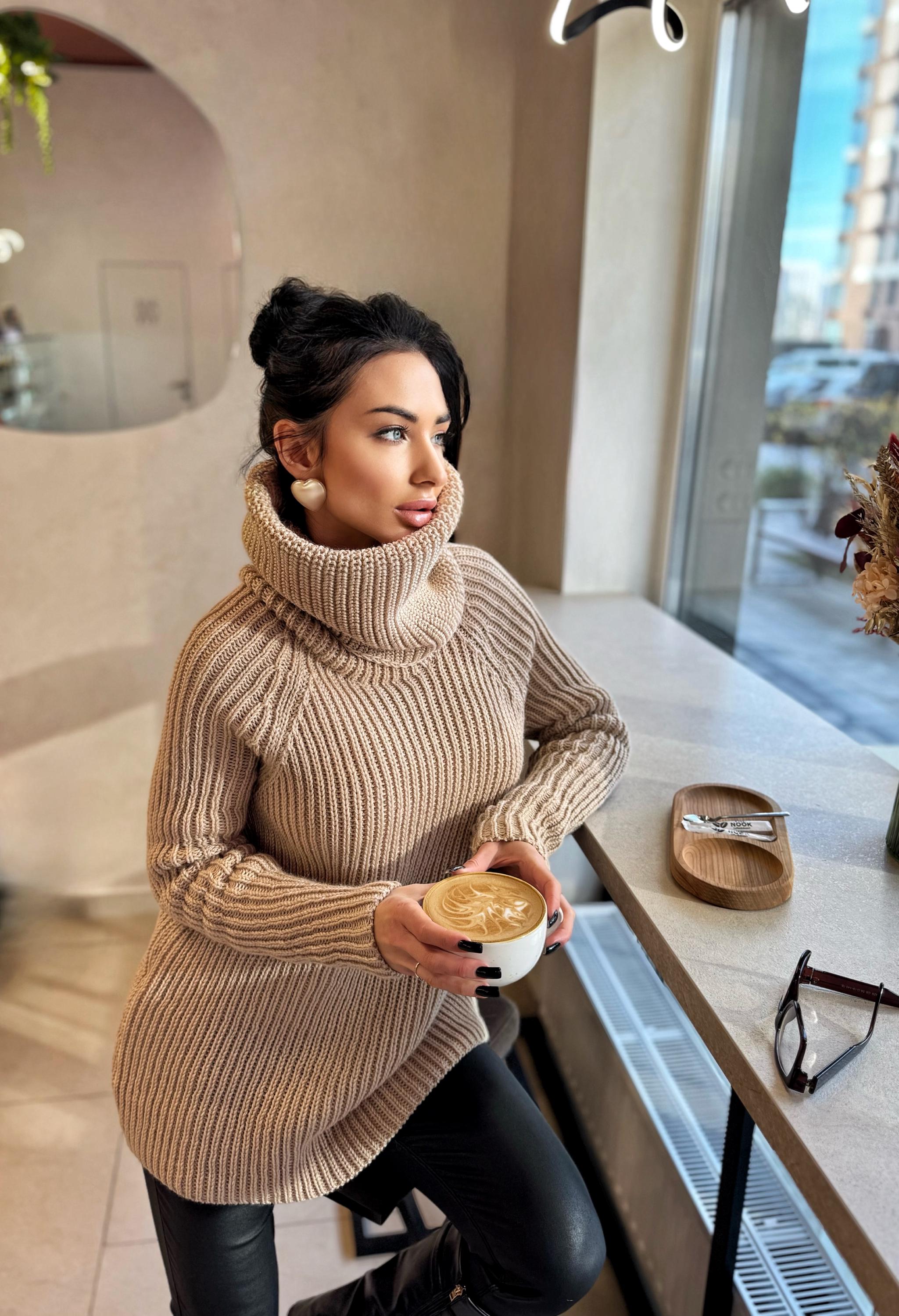Hand knit big beige merino wool turtleneck ribbed sweater Big high collar long hand knit wool sweater dress Cable knit pullover Chunky knit