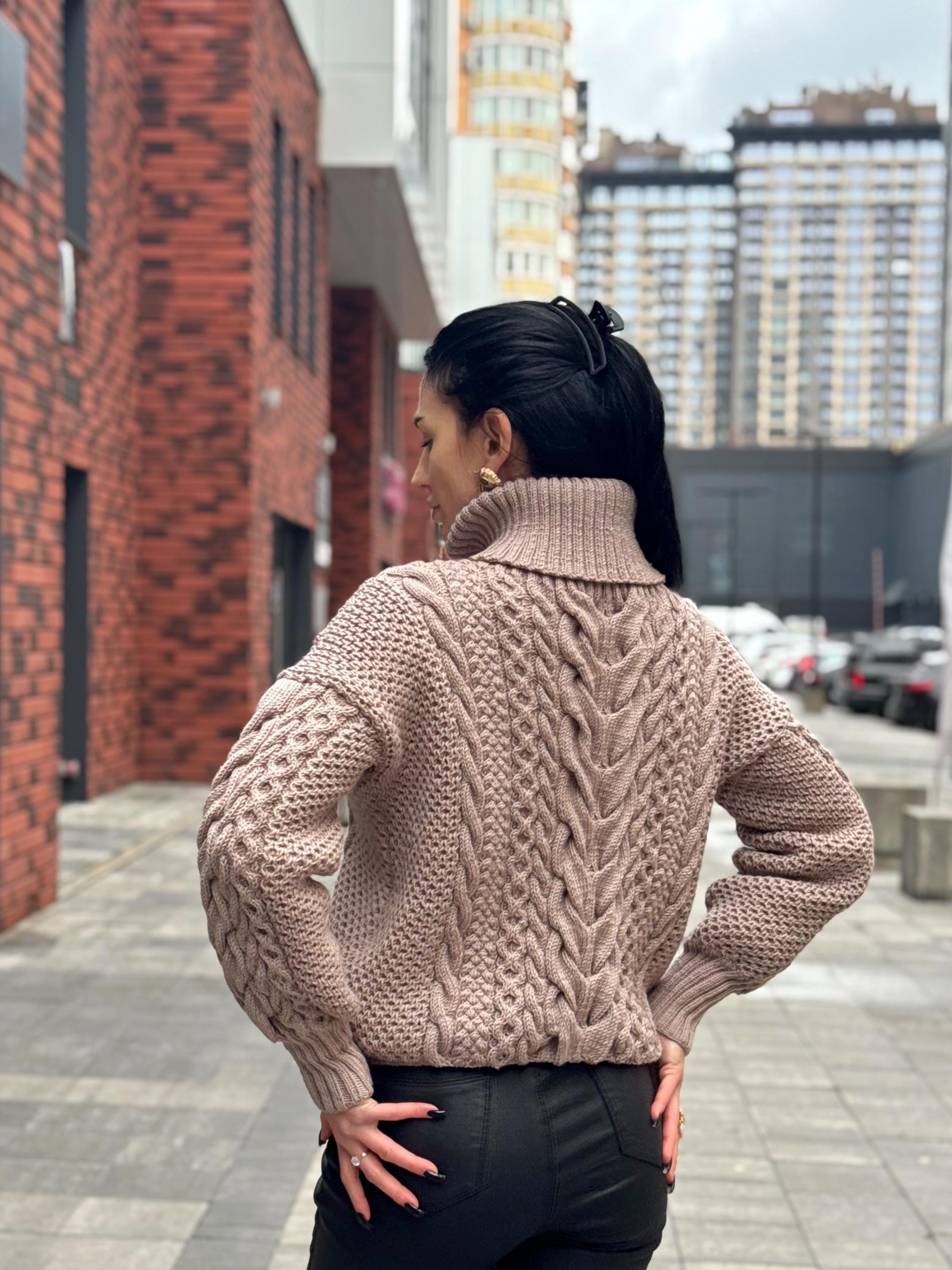 Aran hand knit beige mocha light brown sweater turtleneck Chunky knit pastel pullover Cable knit merino wool Women braids big sweater