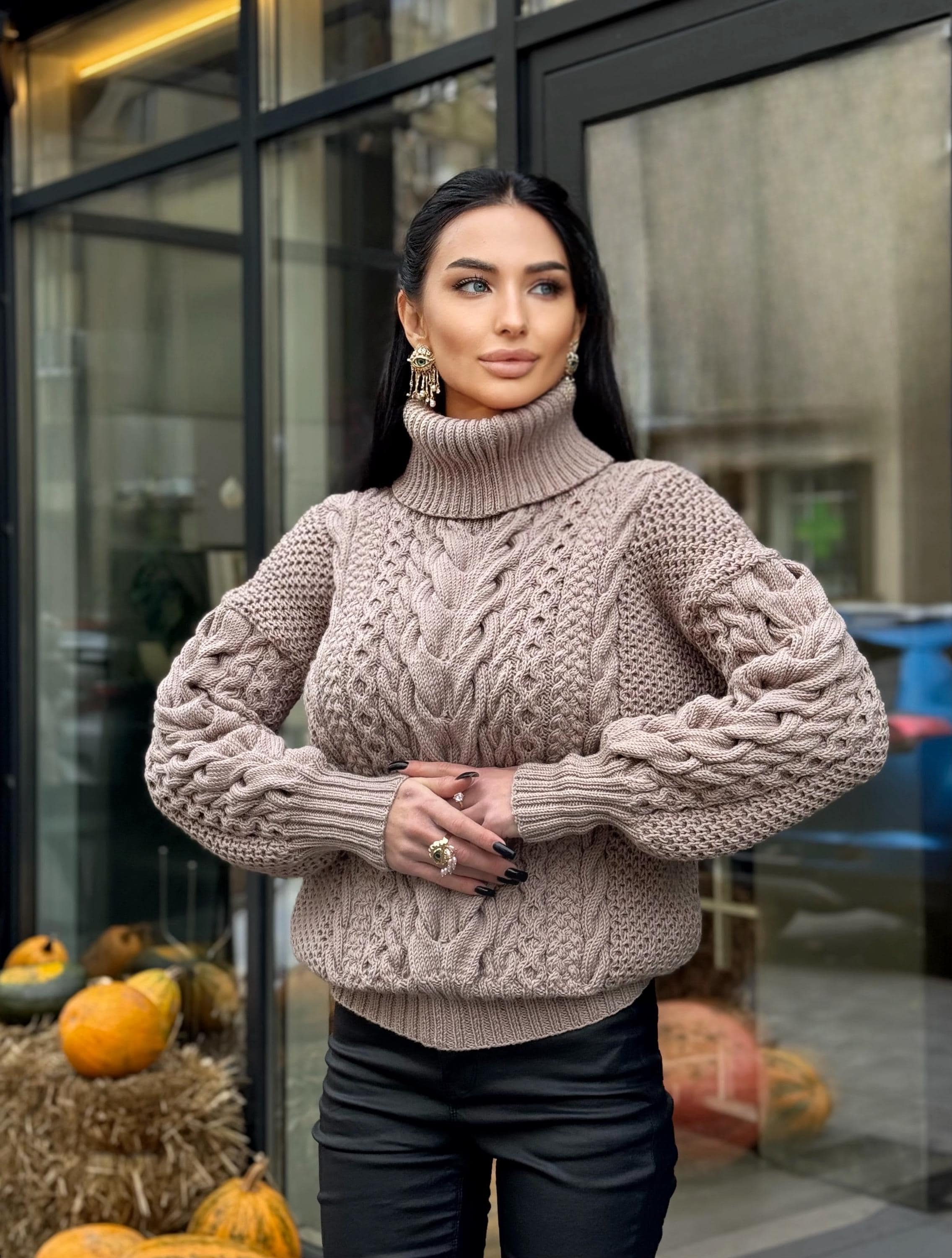 Aran hand knit beige mocha light brown sweater turtleneck Chunky knit pastel pullover Cable knit merino wool Women braids big sweater
