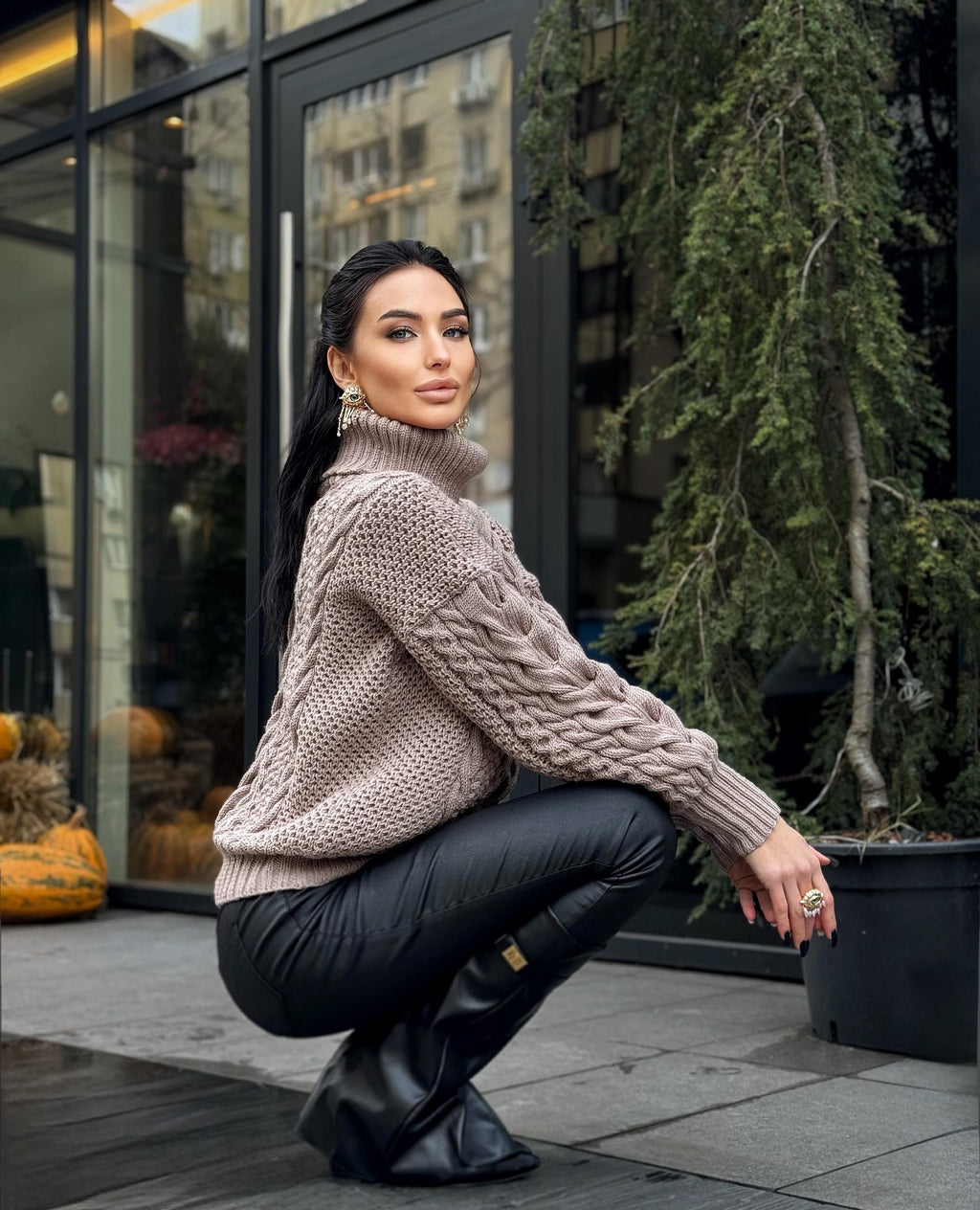 Aran hand knit beige mocha light brown sweater turtleneck Chunky knit pastel pullover Cable knit merino wool Women braids big sweater