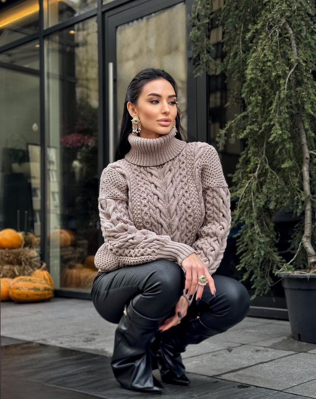 Aran hand knit beige mocha light brown sweater turtleneck Chunky knit pastel pullover Cable knit merino wool Women braids big sweater