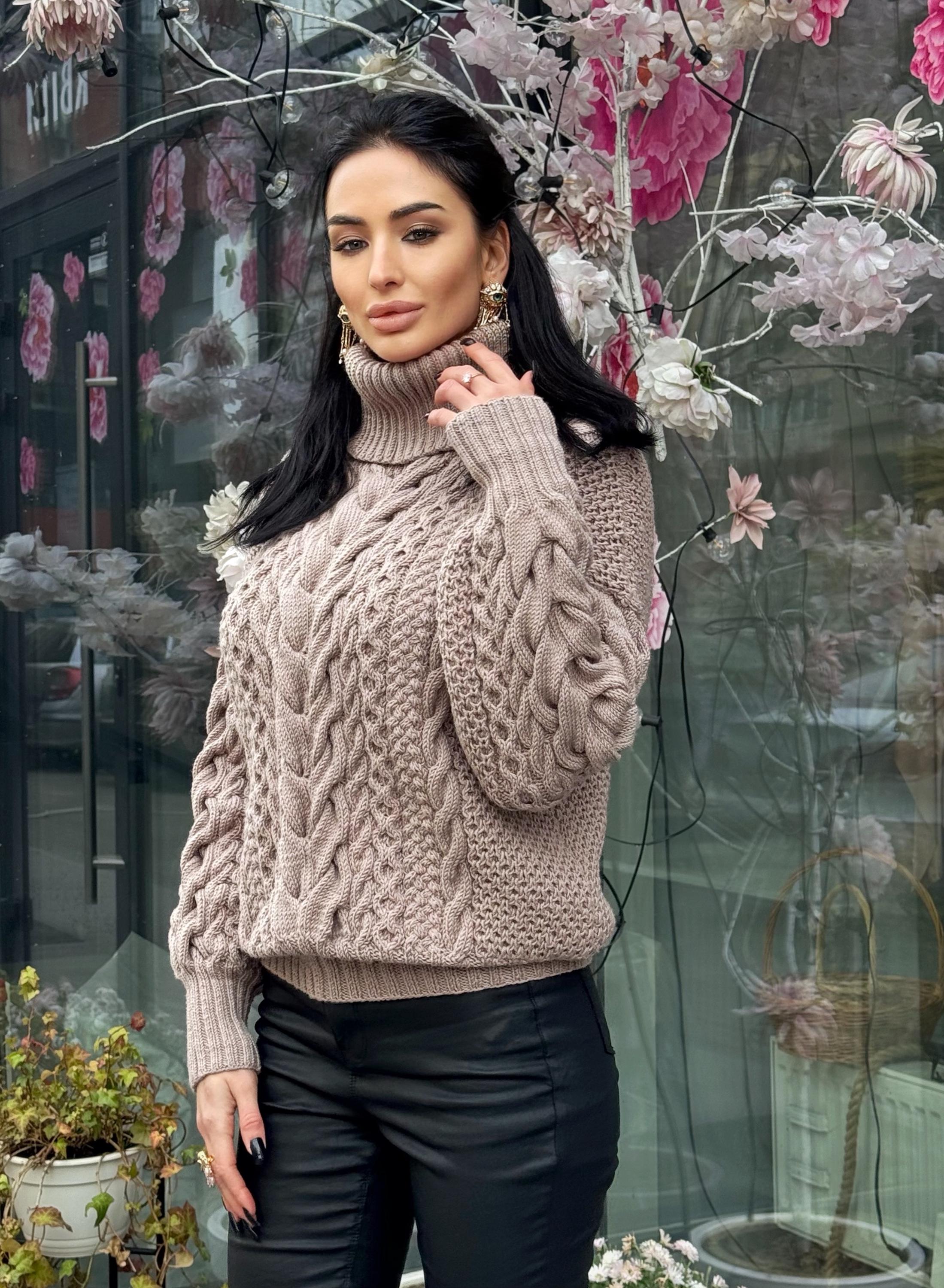 Aran hand knit beige mocha light brown sweater turtleneck Chunky knit pastel pullover Cable knit merino wool Women braids big sweater