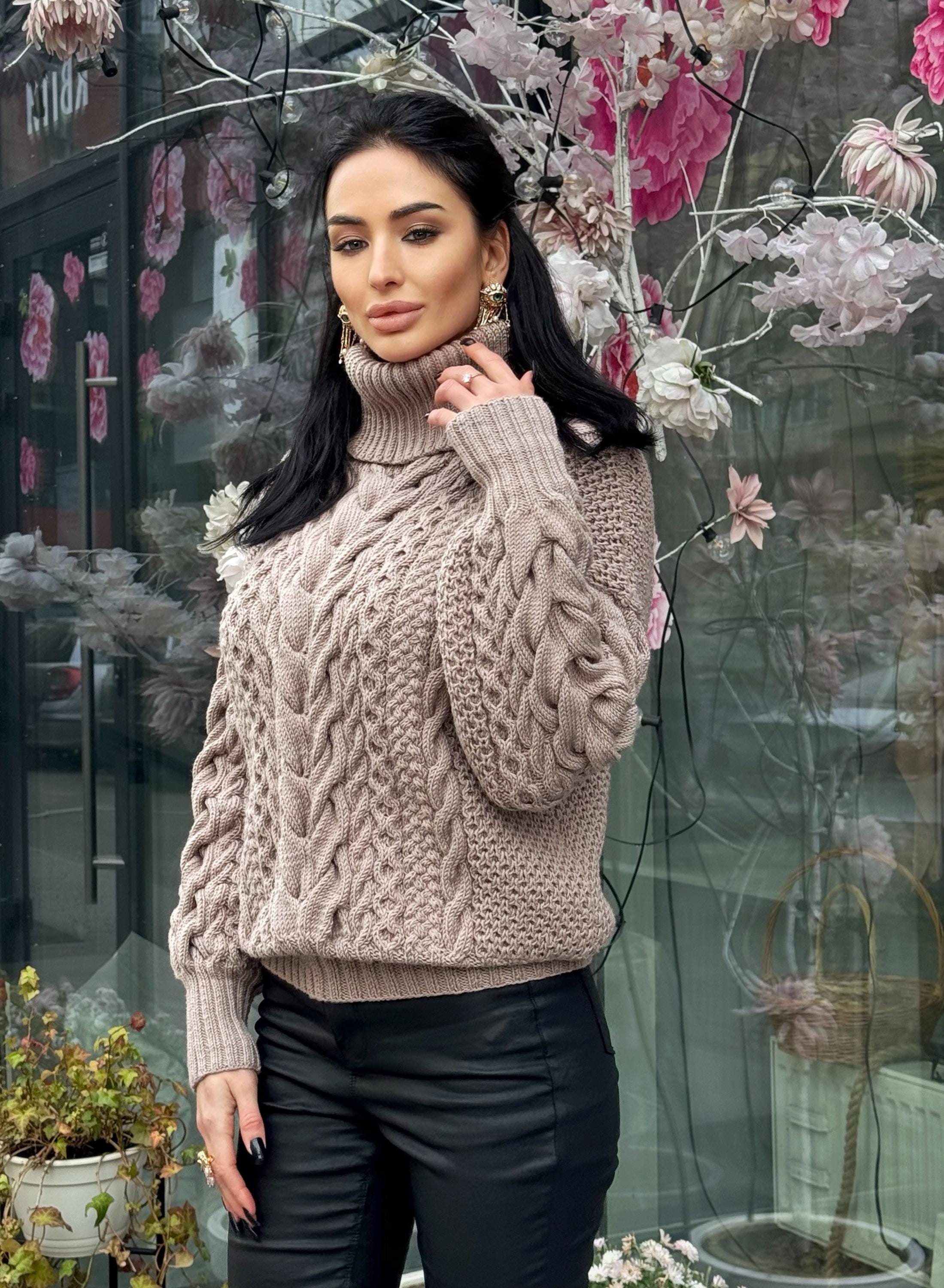 Aran hand knit beige mocha light brown sweater turtleneck Chunky knit pastel pullover Cable knit merino wool Women braids big sweater