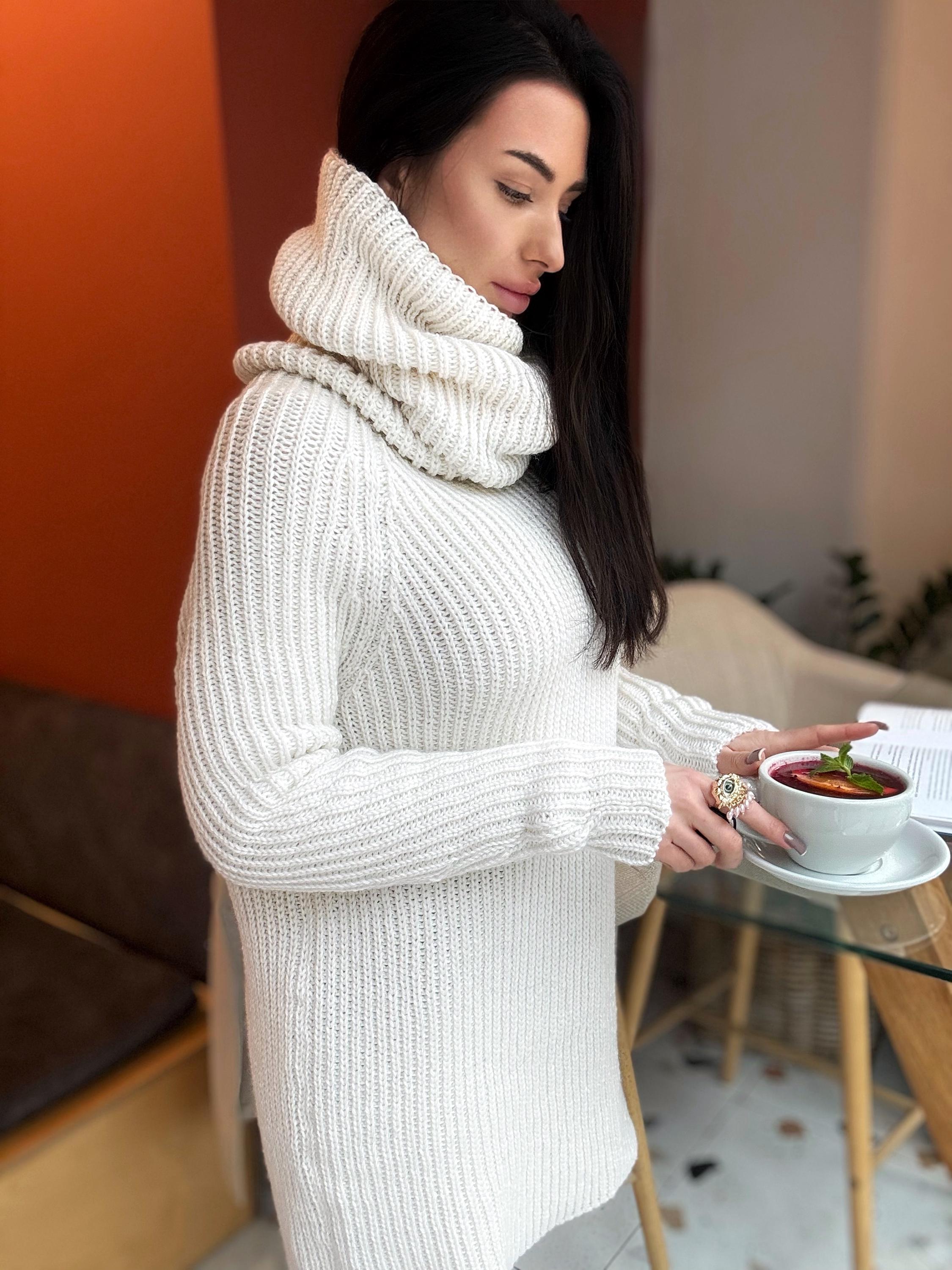 White milk pastel hand knit big collar long sweater turtleneck Cable Knit Pastel wool pullover Womens Chunky knit sweater dress