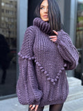 Cable hand knit Plum Brown Purple big alpaca wool sweater Cable knit pullover high collar Knitted big turtleneck Super Bulky Sweater dress