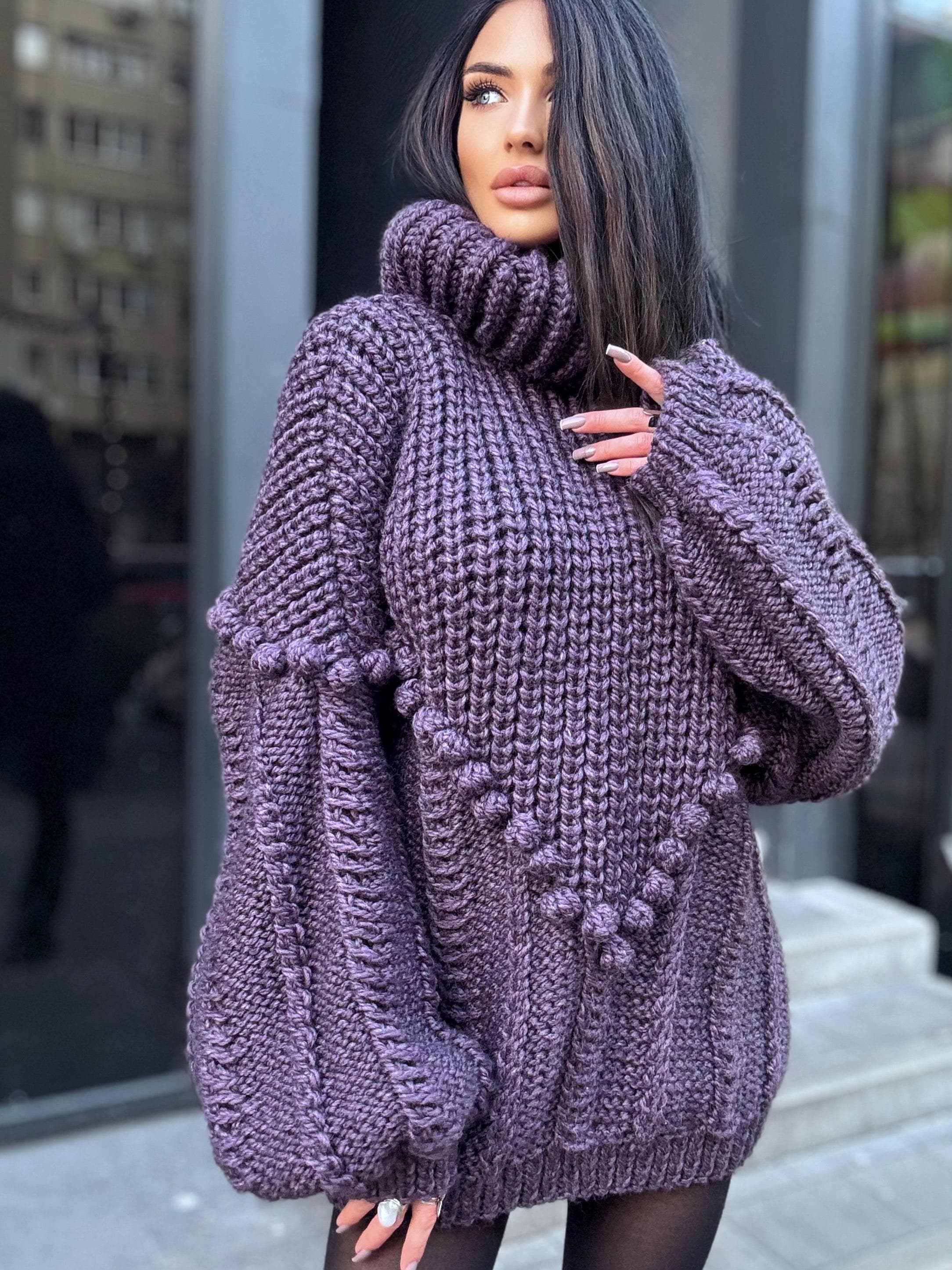 Large cable hand knit dark blue alpaca wool sweater unisex Cable knit pullover high collar Knitted big turtleneck Super Bulky Sweater dress