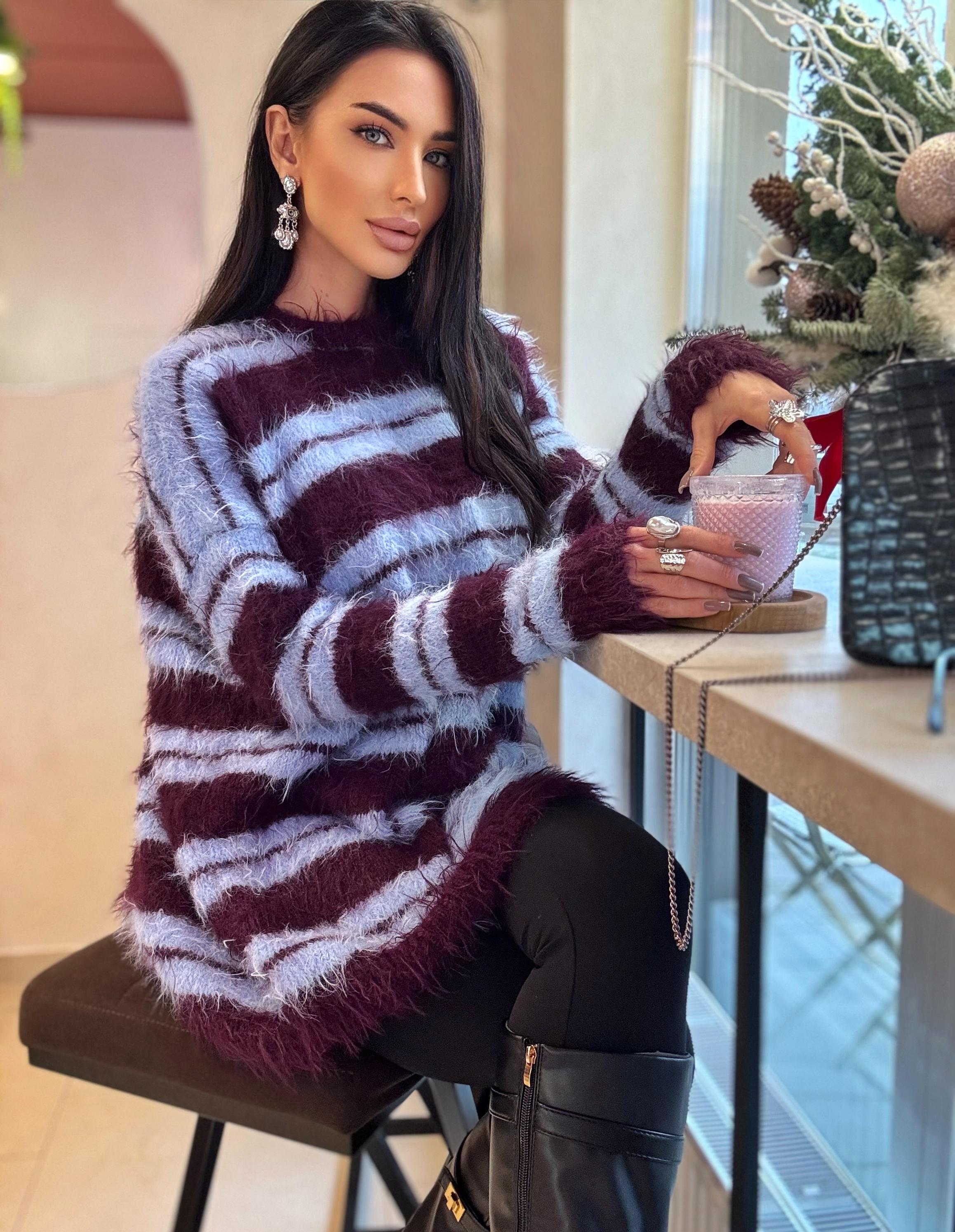 Merino wool soft light blue burgundy grape hand knit big striped sweater dress For sensitive skin pullover Fluffy body friendly sweater