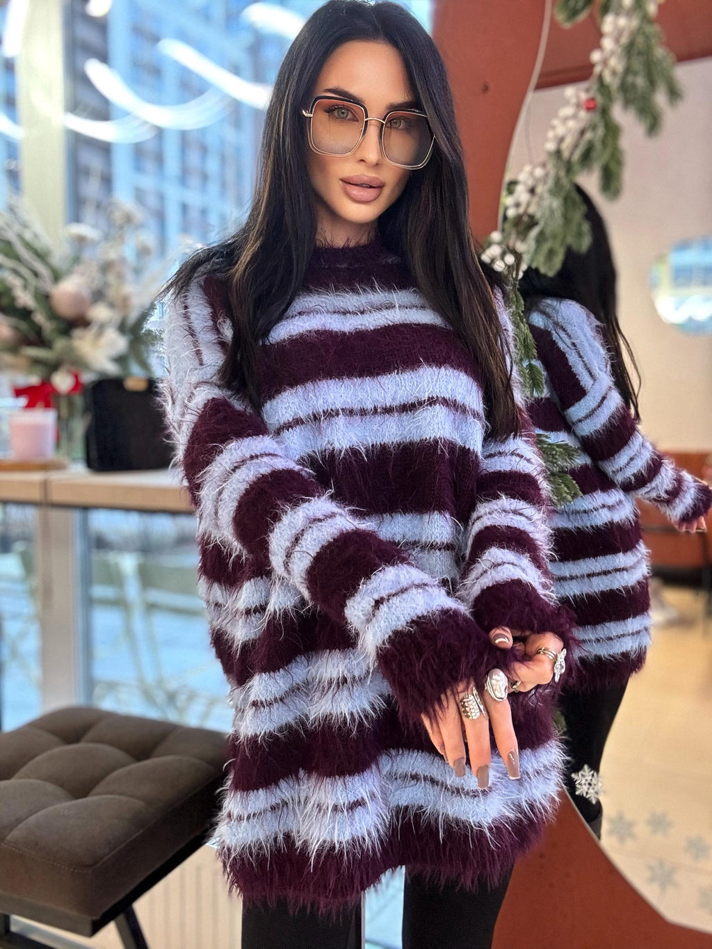 Merino wool soft light blue burgundy grape hand knit big striped sweater dress For sensitive skin pullover Fluffy body friendly sweater
