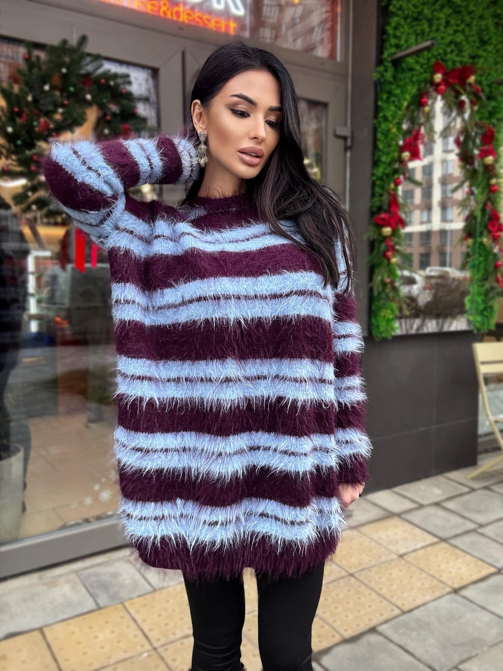 Merino wool soft light blue burgundy grape hand knit big striped sweater dress For sensitive skin pullover Fluffy body friendly sweater