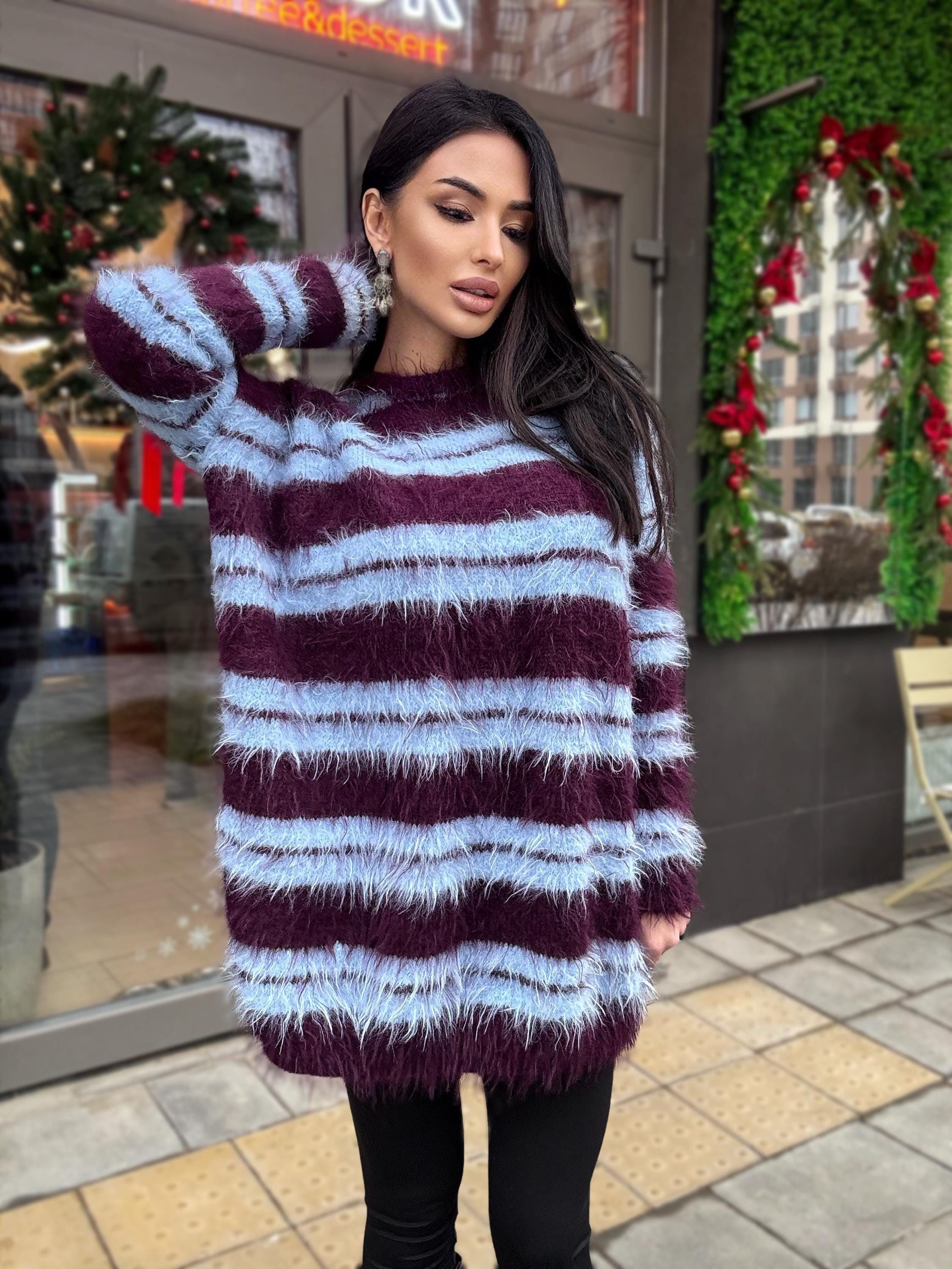 Merino wool soft light blue burgundy grape hand knit big striped sweater dress For sensitive skin pullover Fluffy body friendly sweater