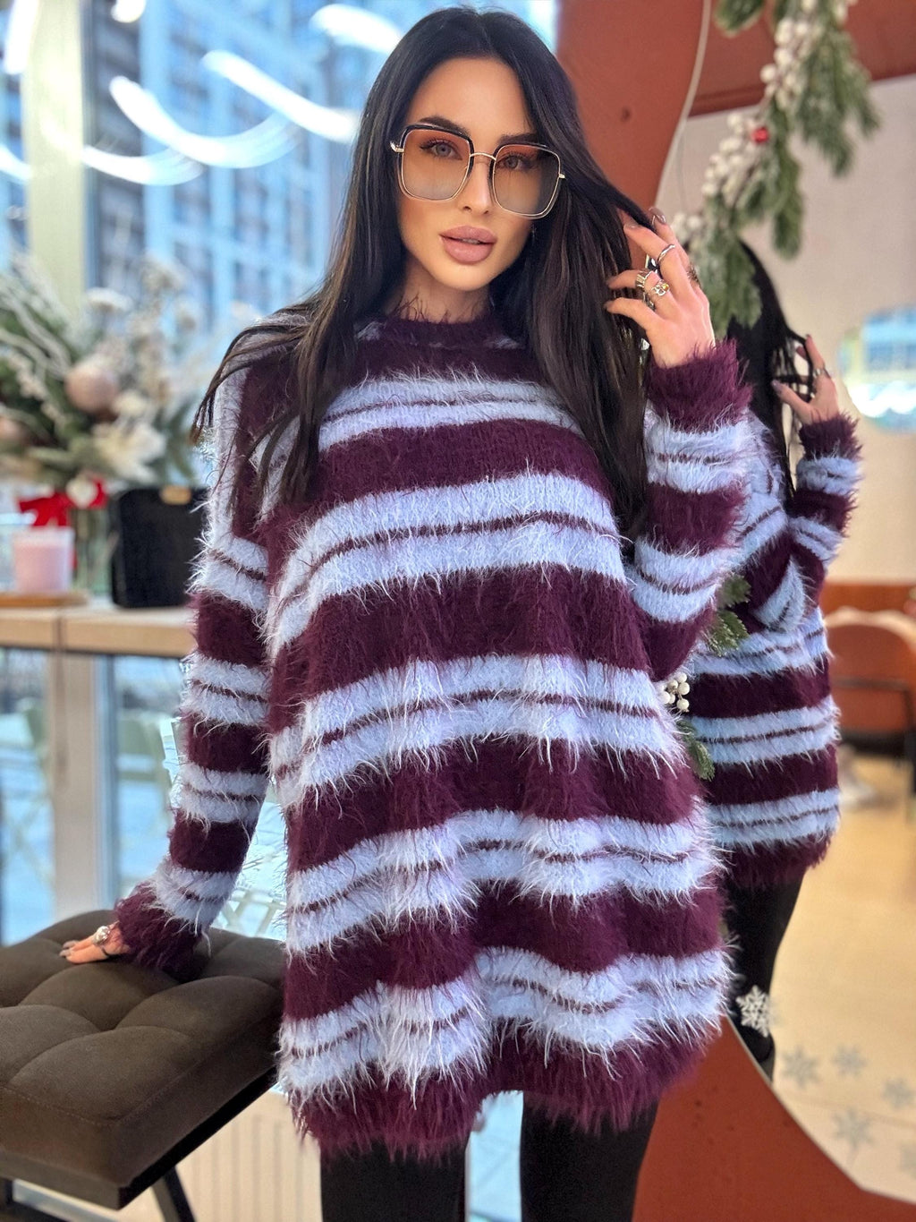 Merino wool soft light blue burgundy grape hand knit big striped sweater dress For sensitive skin pullover Fluffy body friendly sweater