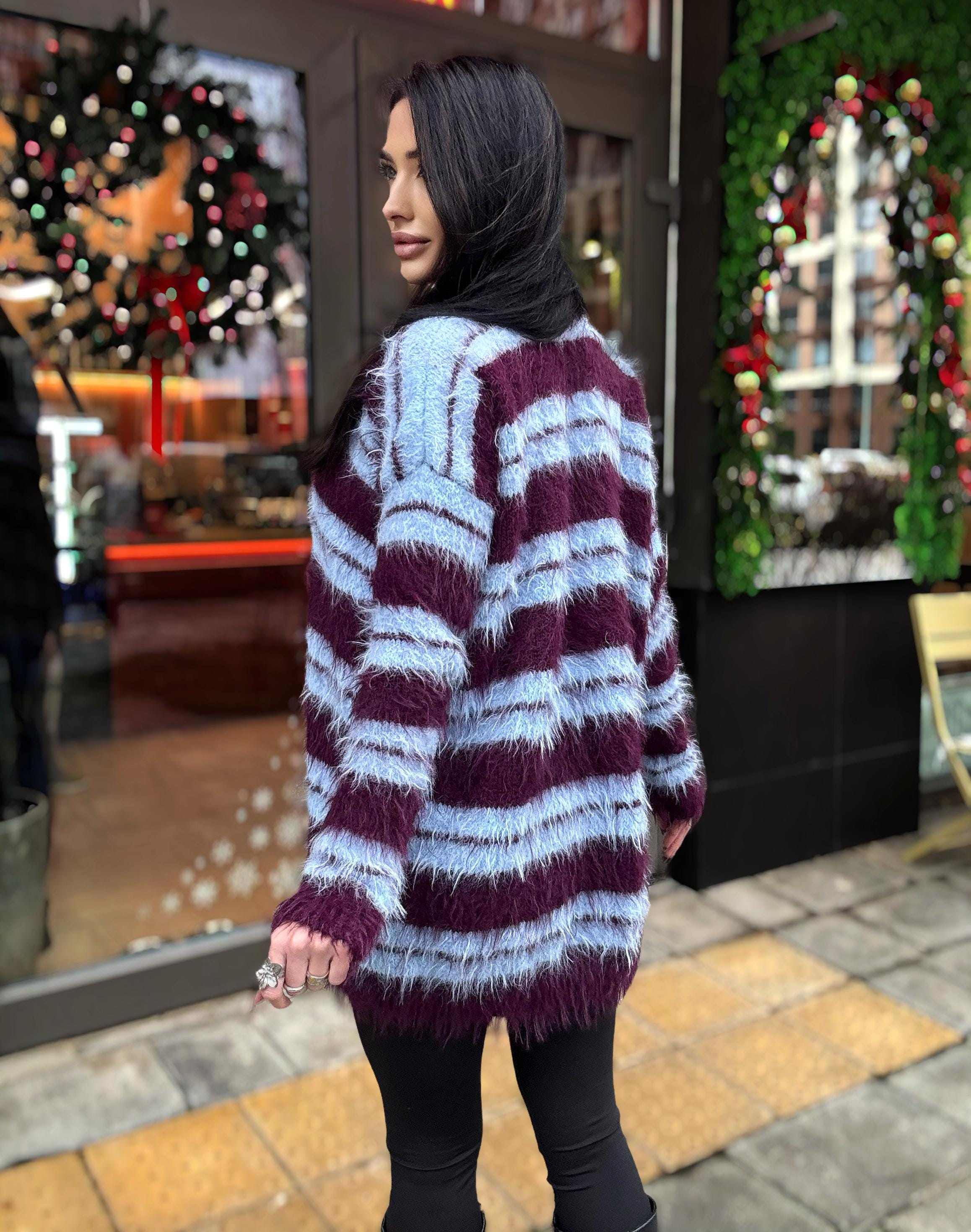 Merino wool soft light blue burgundy grape hand knit big striped sweater dress For sensitive skin pullover Fluffy body friendly sweater