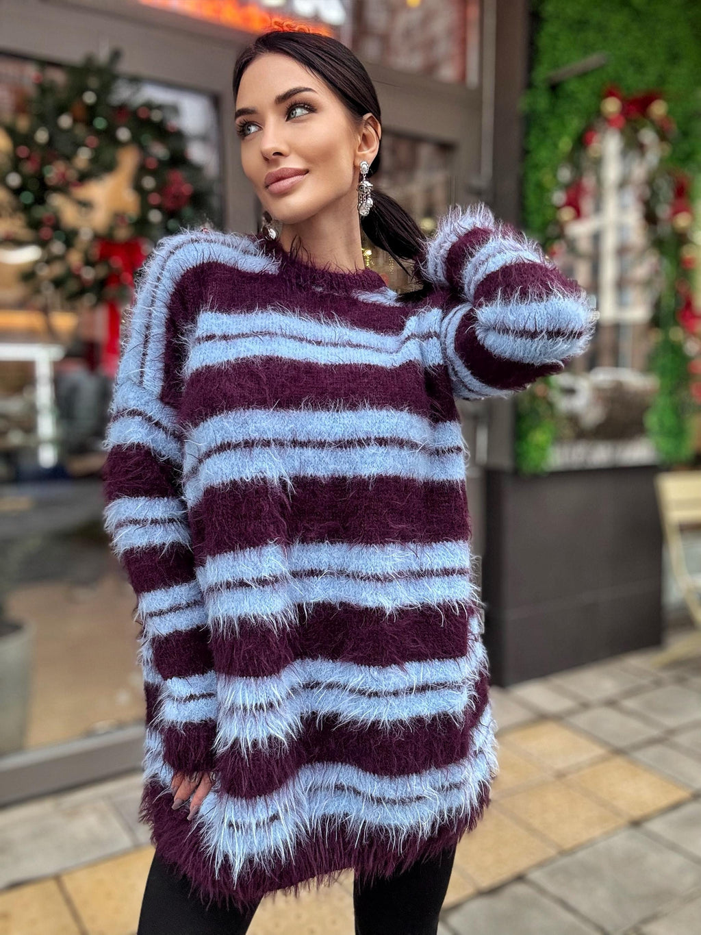 Merino wool soft light blue burgundy grape hand knit big striped sweater dress For sensitive skin pullover Fluffy body friendly sweater