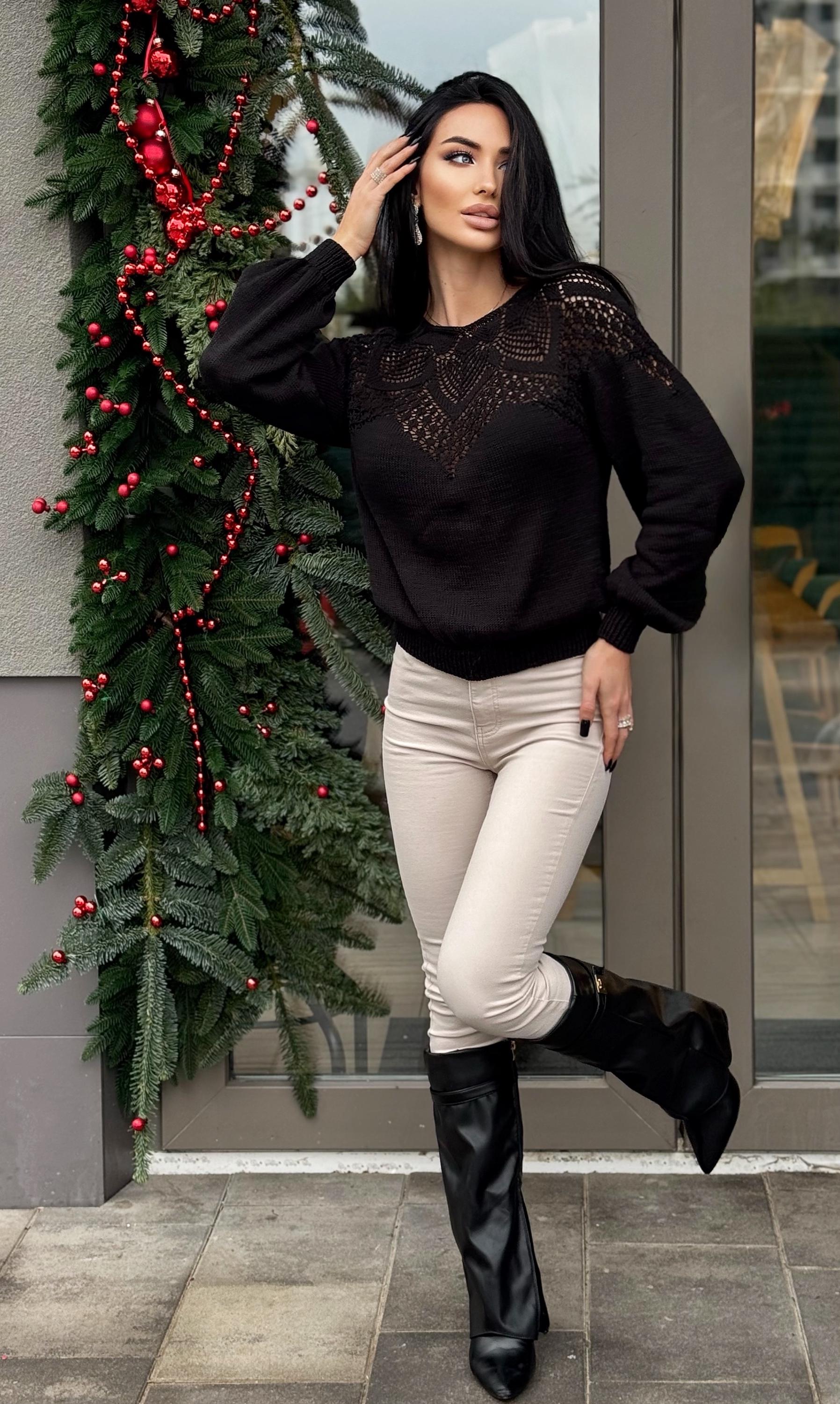 Knit cotton openwork sweater for women Slim Black organic Sweater Eco Friendly Pullover Knitted Cape Bridal sweater Croche pullover