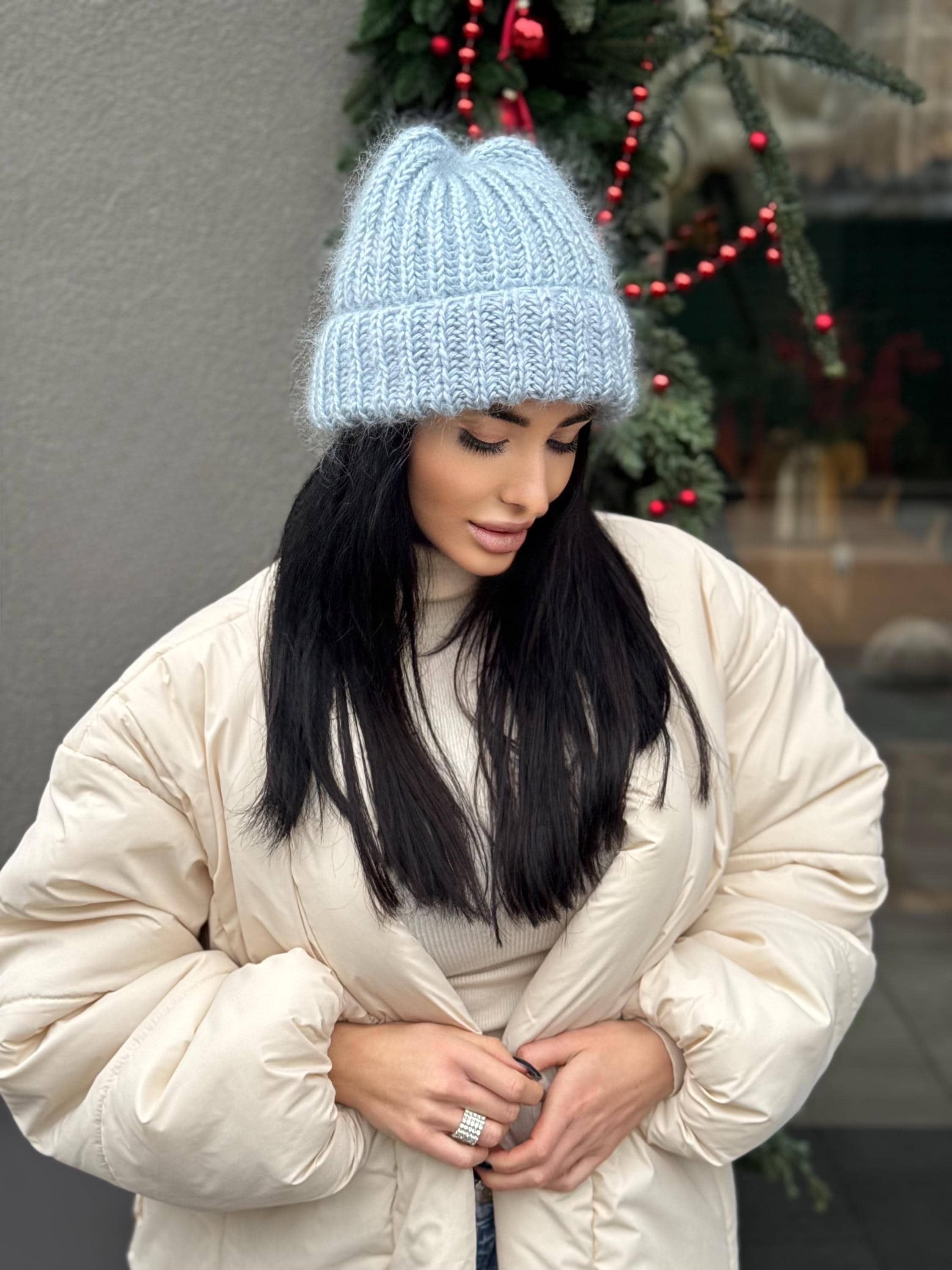 Mohair winter hat blue women Beanie hat blue Knitted fluffy hats Winter accessories Blue mohair Gift for her