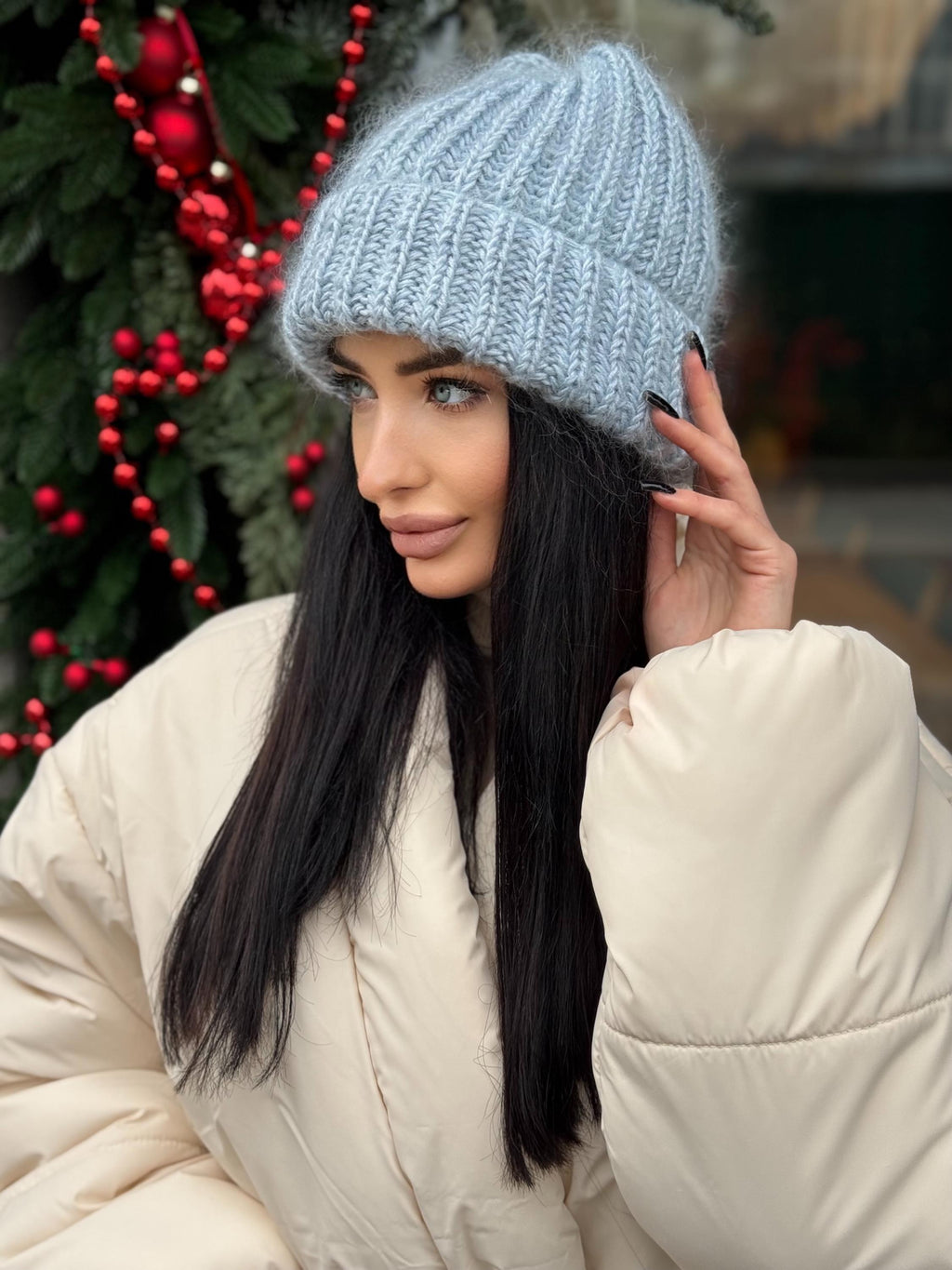 Mohair winter hat blue women Beanie hat blue Knitted fluffy hats Winter accessories Blue mohair Gift for her