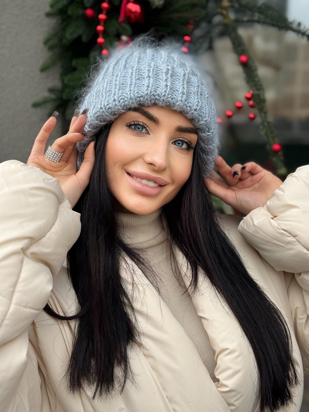Mohair winter hat blue women Beanie hat blue Knitted fluffy hats Winter accessories Blue mohair Gift for her