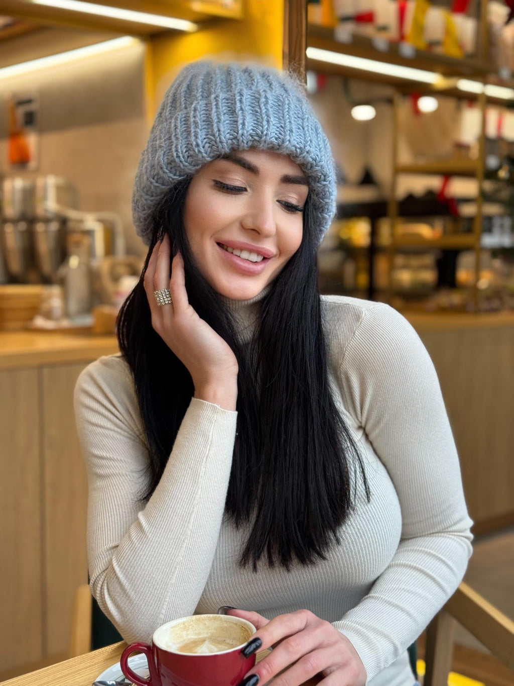 Mohair winter hat blue women Beanie hat blue Knitted fluffy hats Winter accessories Blue mohair Gift for her