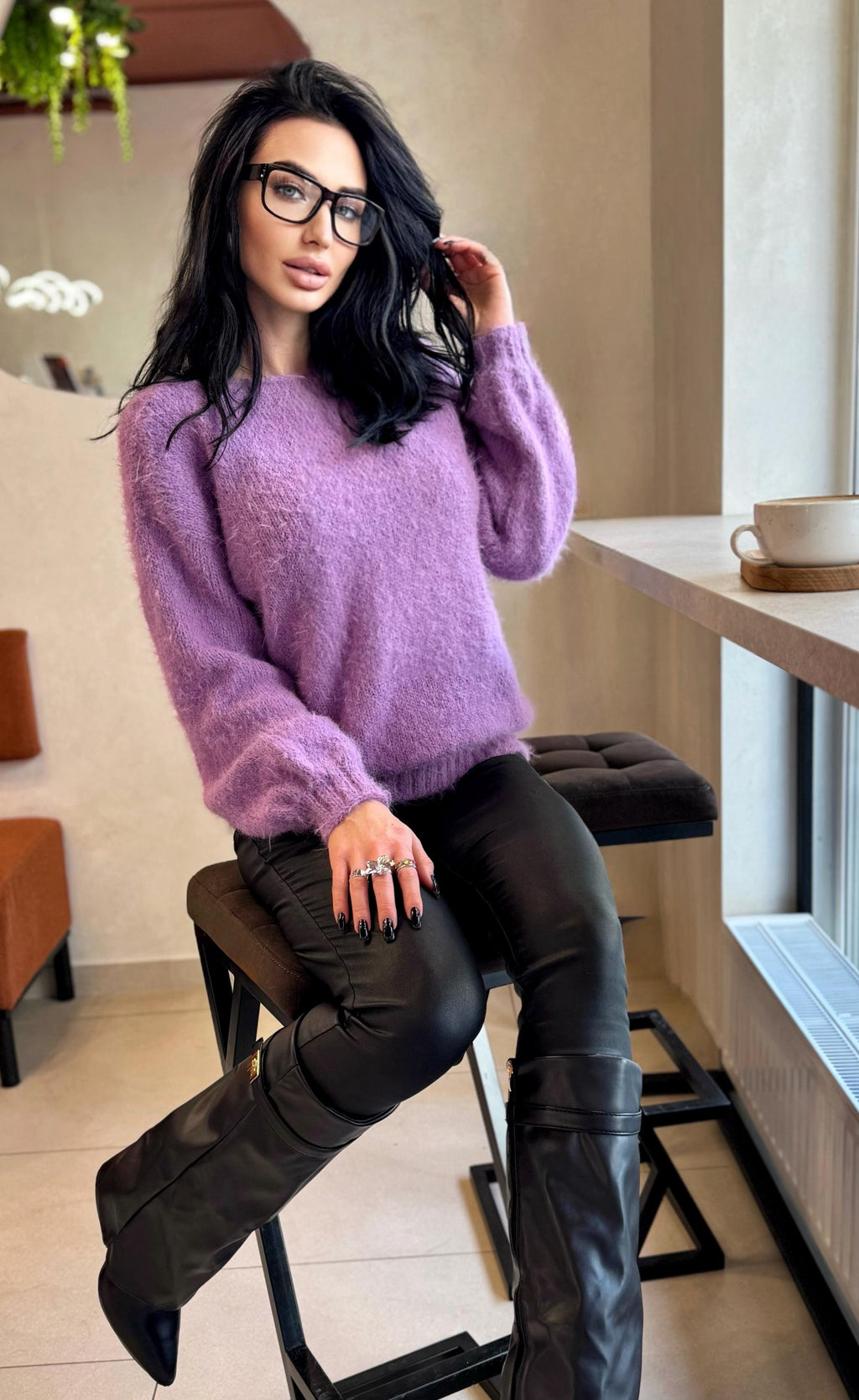 Merino wool soft Lilac V collar hand knit sweater For sensitive skin pullover Fluffy body friendly Open back Deep V neckline