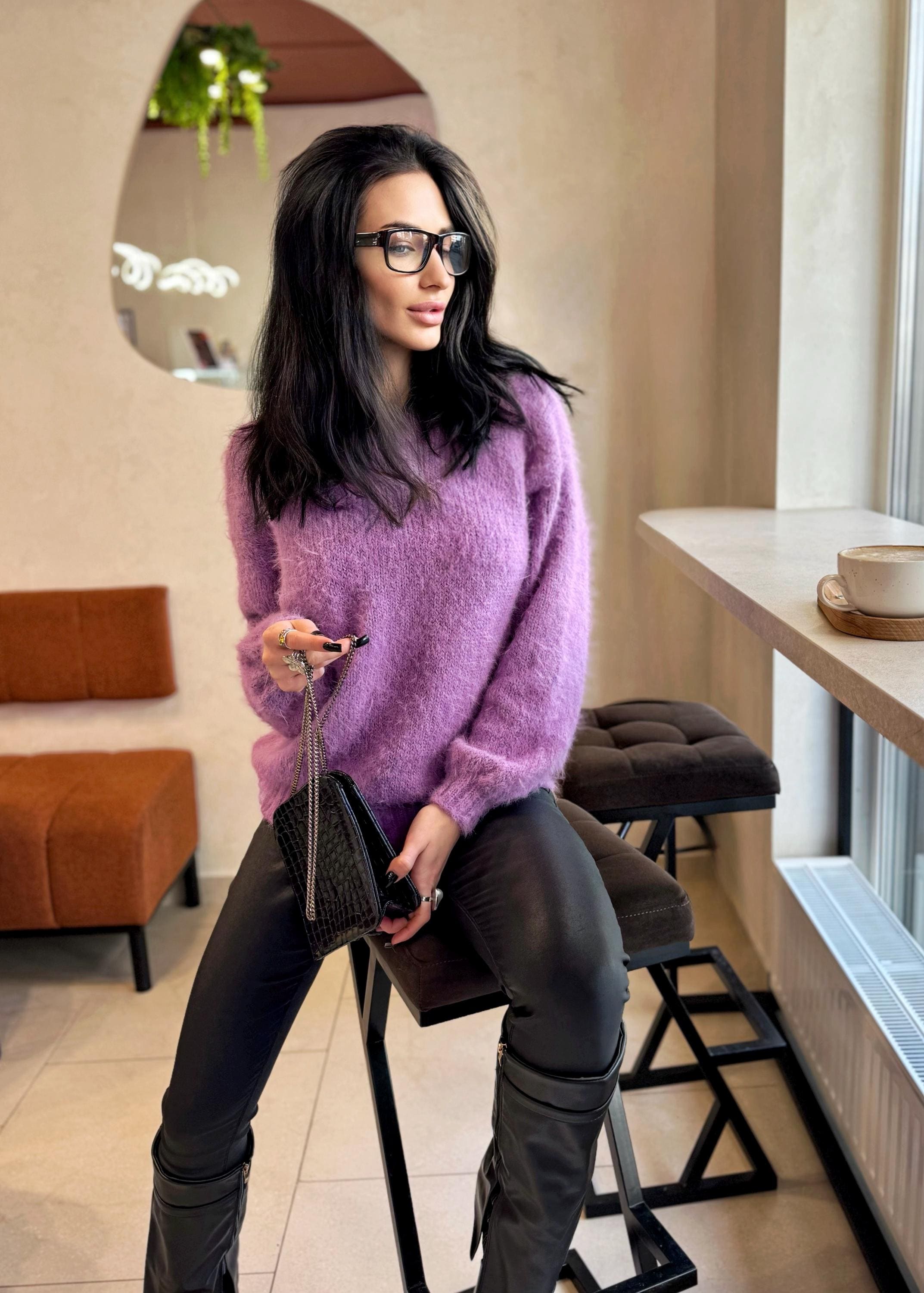 Lilac soft fluffy hand knit V collar open back merino blend sweater For sensitive skin pullover Body friendly Open back Deep V neckline