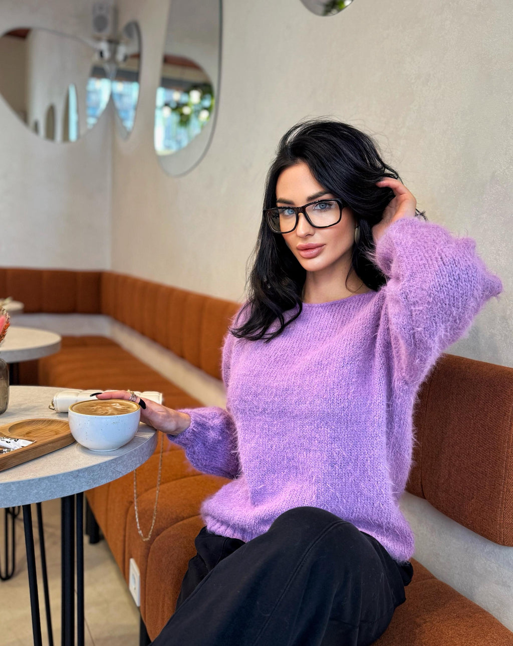Lilac soft fluffy hand knit V collar open back merino blend sweater For sensitive skin pullover Body friendly Open back Deep V neckline
