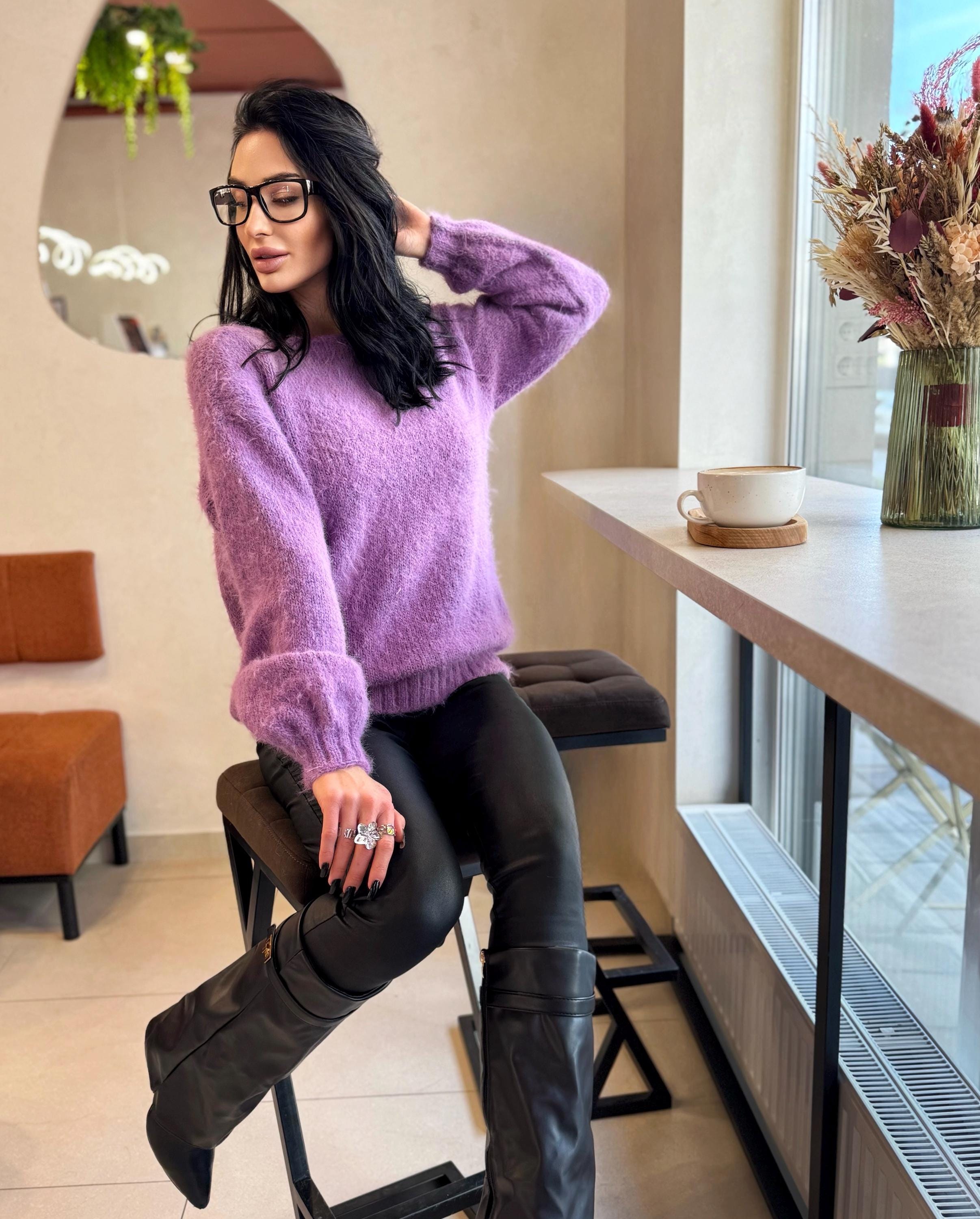 Lilac soft fluffy hand knit V collar open back merino blend sweater For sensitive skin pullover Body friendly Open back Deep V neckline
