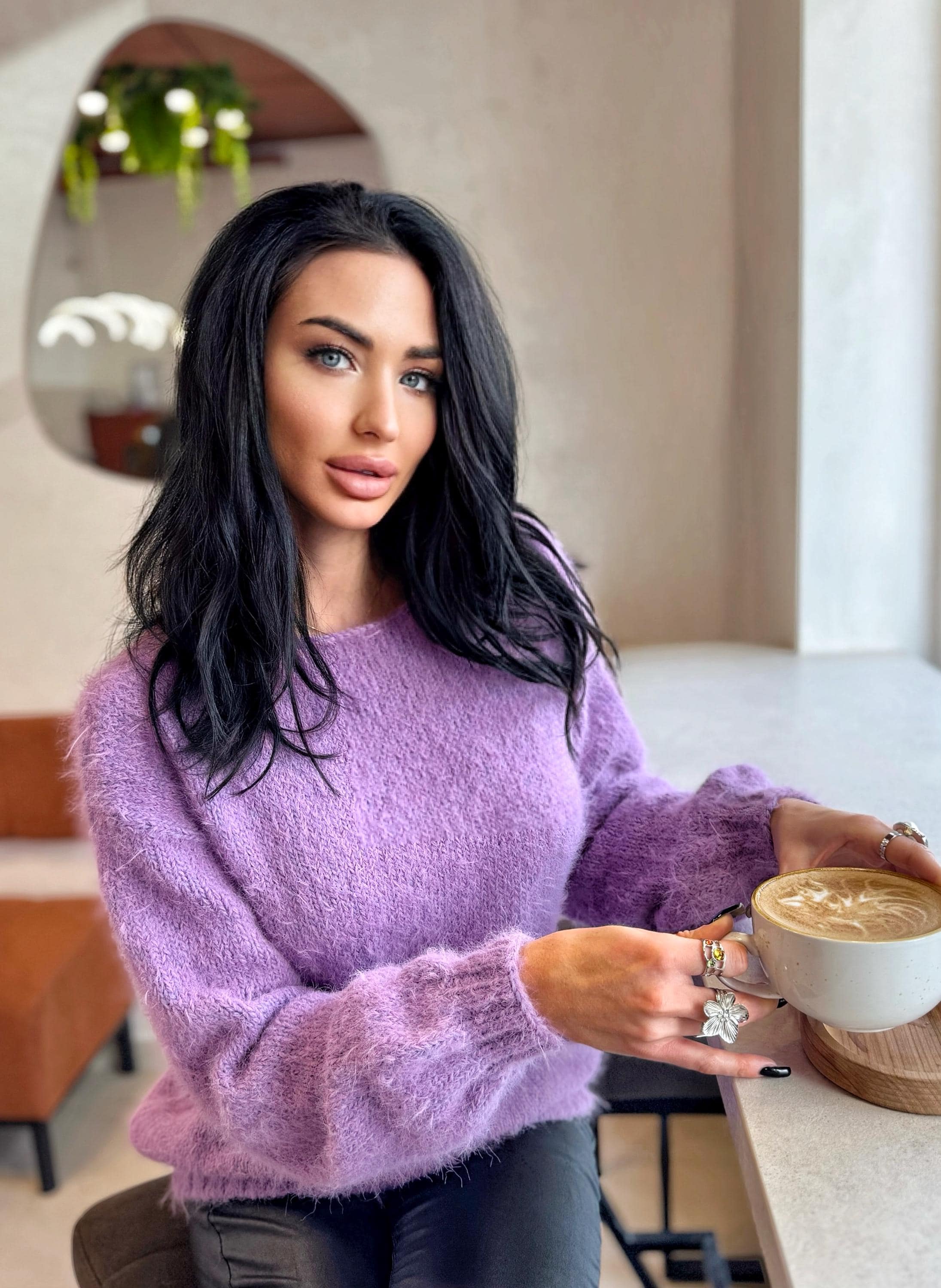 Lilac soft fluffy hand knit V collar open back merino blend sweater For sensitive skin pullover Body friendly Open back Deep V neckline
