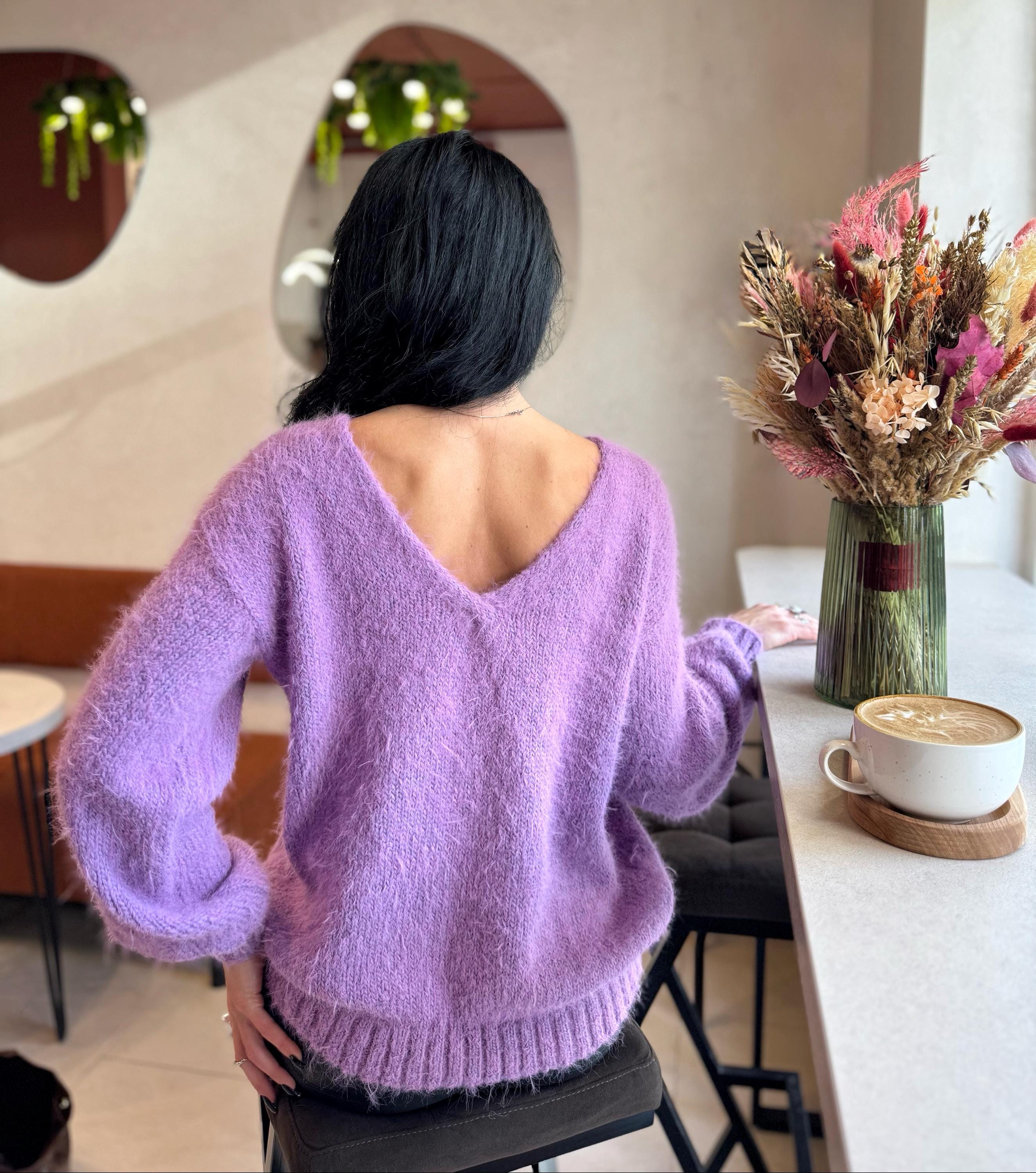 Lilac soft fluffy hand knit V collar open back merino blend sweater For sensitive skin pullover Body friendly Open back Deep V neckline
