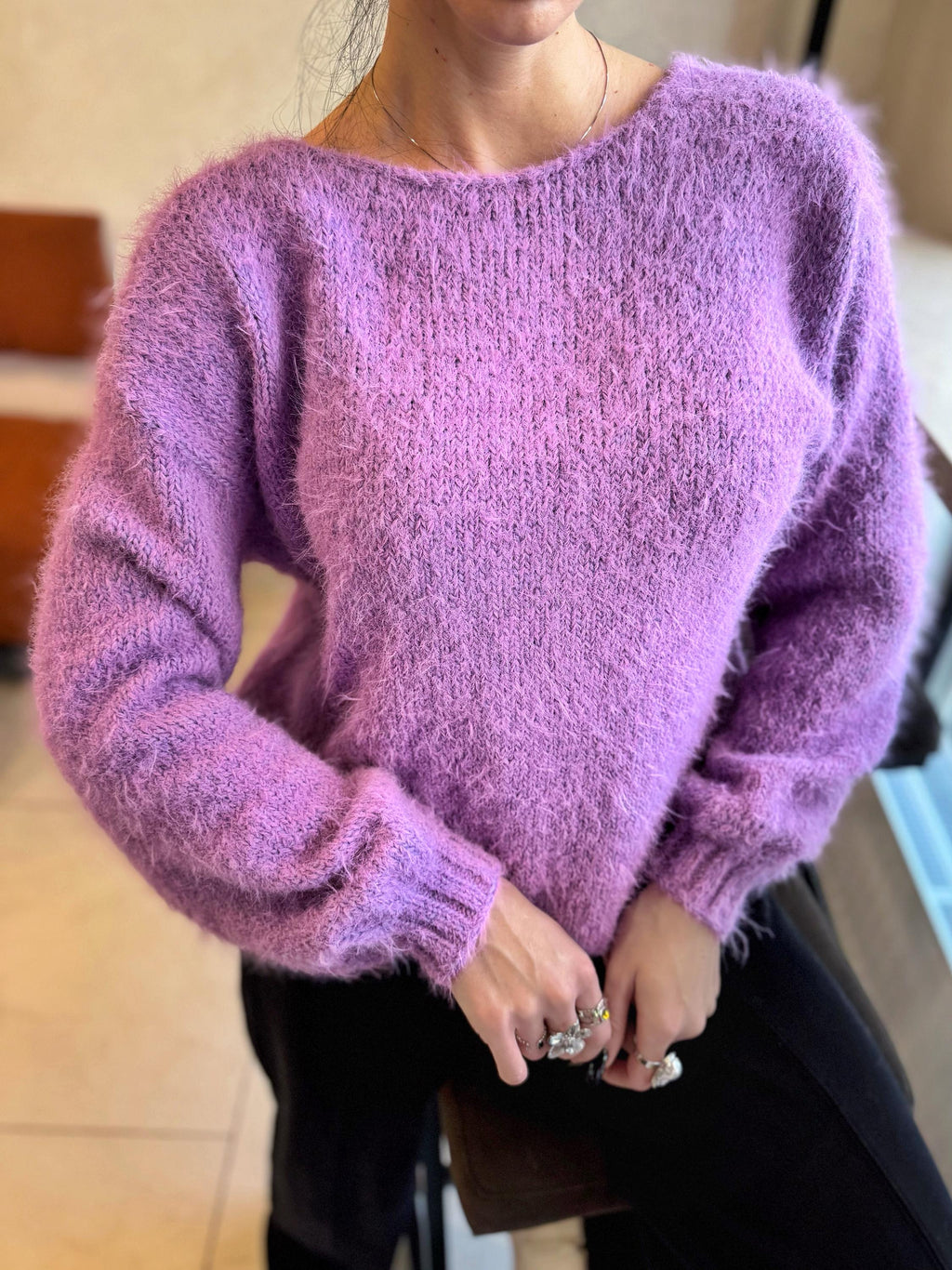 Lilac soft fluffy hand knit V collar open back merino blend sweater For sensitive skin pullover Body friendly Open back Deep V neckline