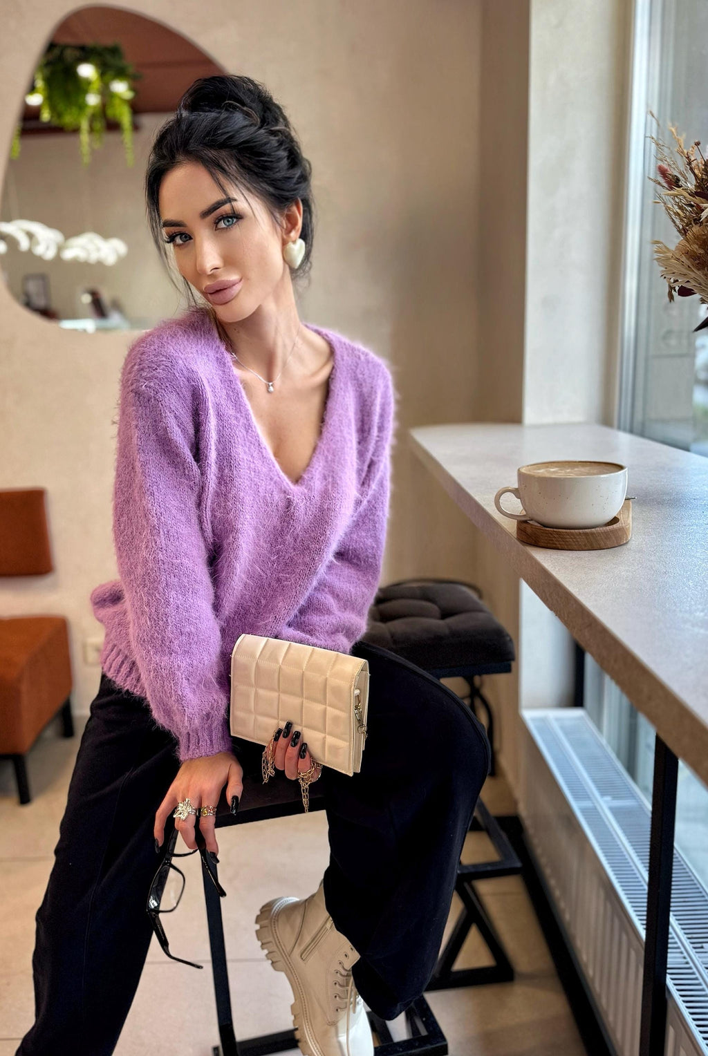 Merino wool soft Lilac V collar hand knit sweater For sensitive skin pullover Fluffy body friendly Open back Deep V neckline