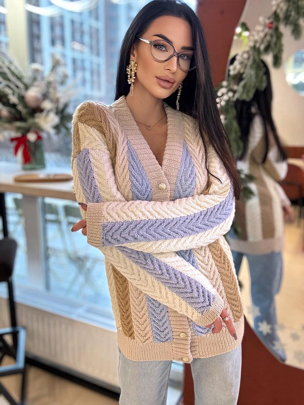 Chunky hand knit alpaca wool patchwork cardigan Pastel cardigan on buttons Cable knit white blue beige sweater Striped handmade sweater