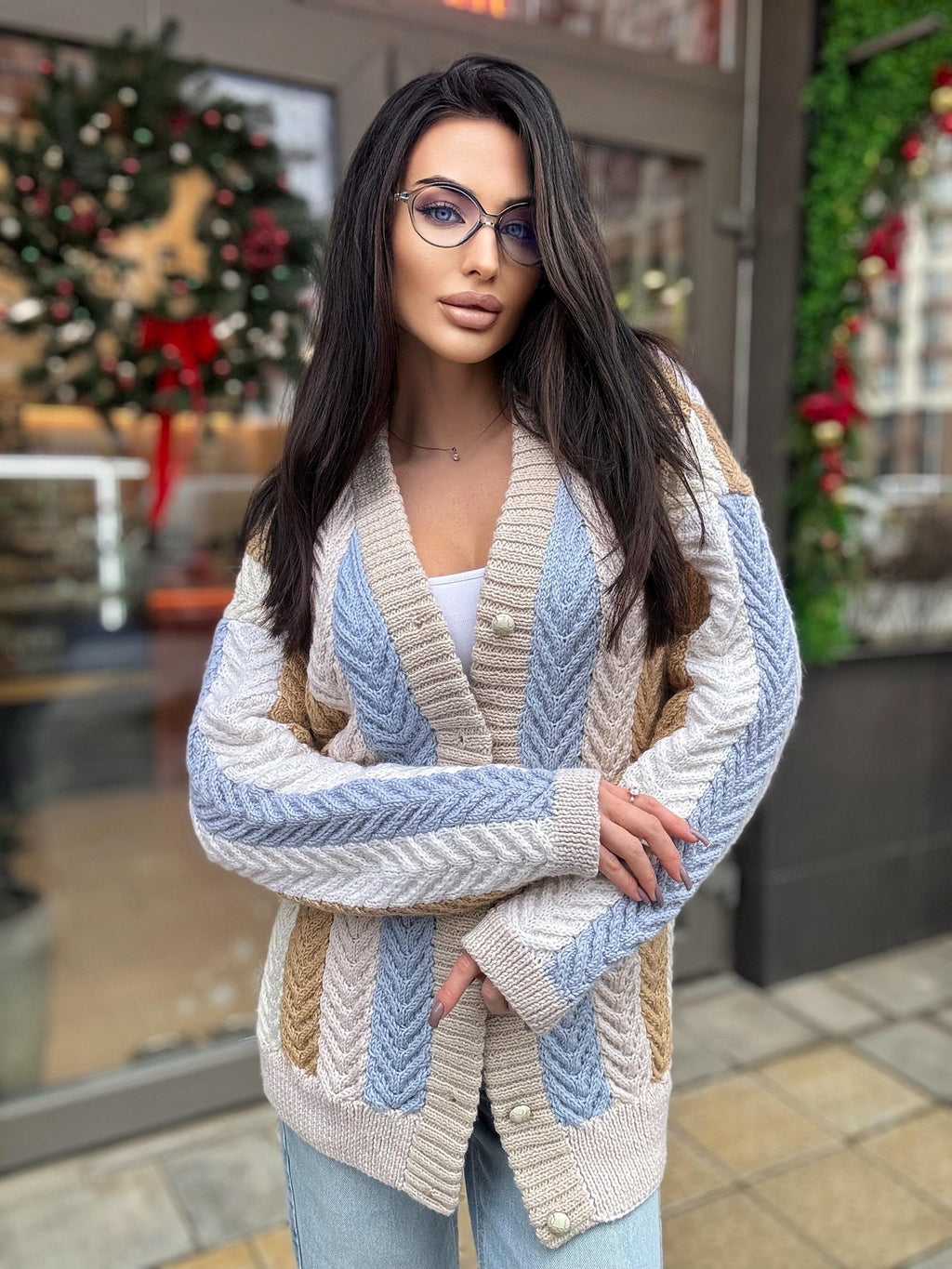 Chunky hand knit alpaca wool patchwork cardigan Pastel cardigan on buttons Cable knit white blue beige sweater Striped handmade sweater