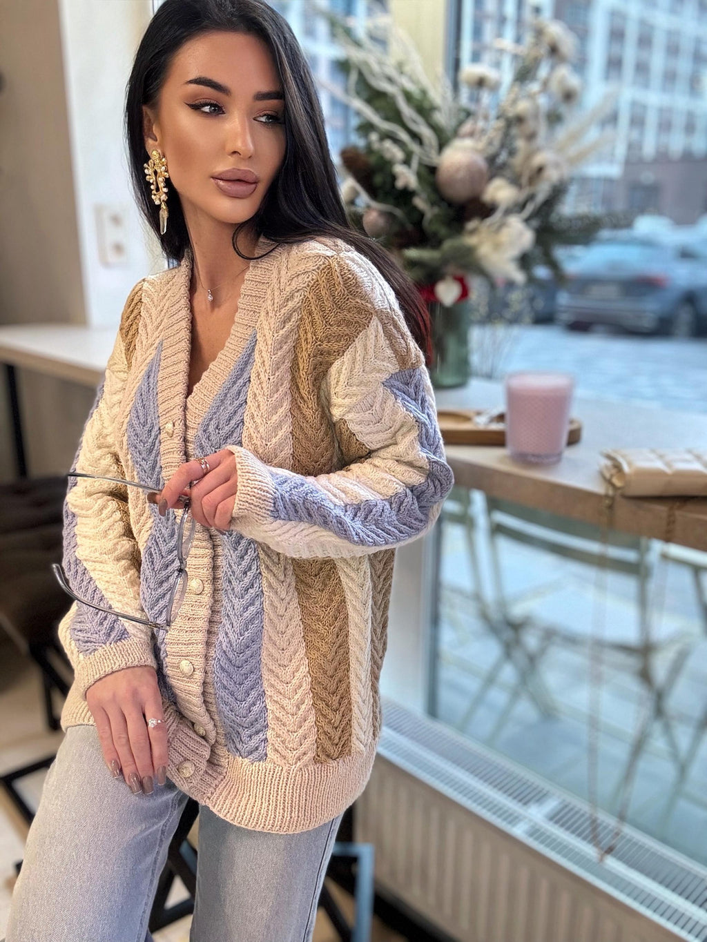 Chunky hand knit alpaca wool patchwork cardigan Pastel cardigan on buttons Cable knit white blue beige sweater Striped handmade sweater