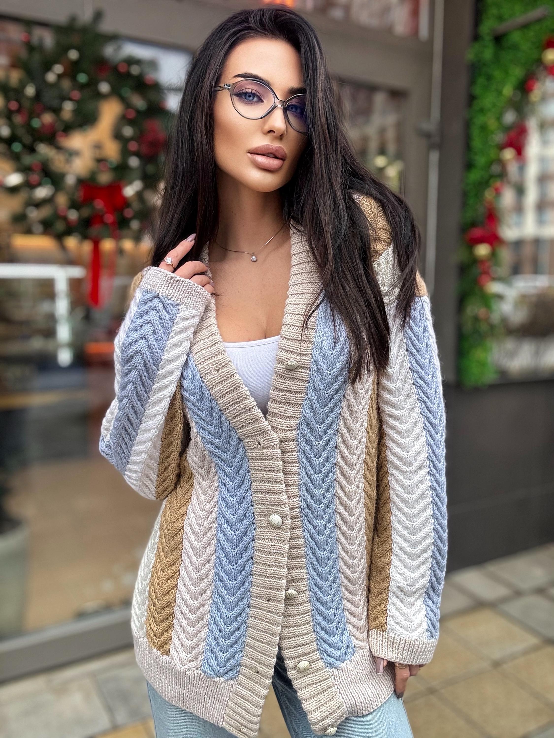 Chunky hand knit alpaca wool patchwork cardigan Pastel cardigan on buttons Cable knit white blue beige sweater Striped handmade sweater