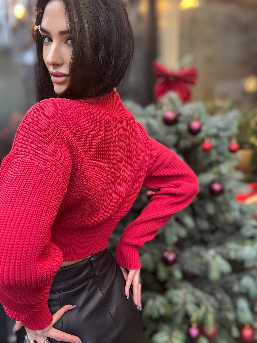 Organic cotton red sweater crop top Cable knit V collar cotton merino wool pullover women Chunky knit black fall oversize sweater V neck