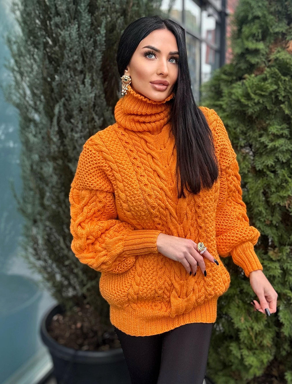Aran long hand knitted orange merino merino wool sweater dress Turtleneck cable knit pullover women Сhunky knit big sweater
