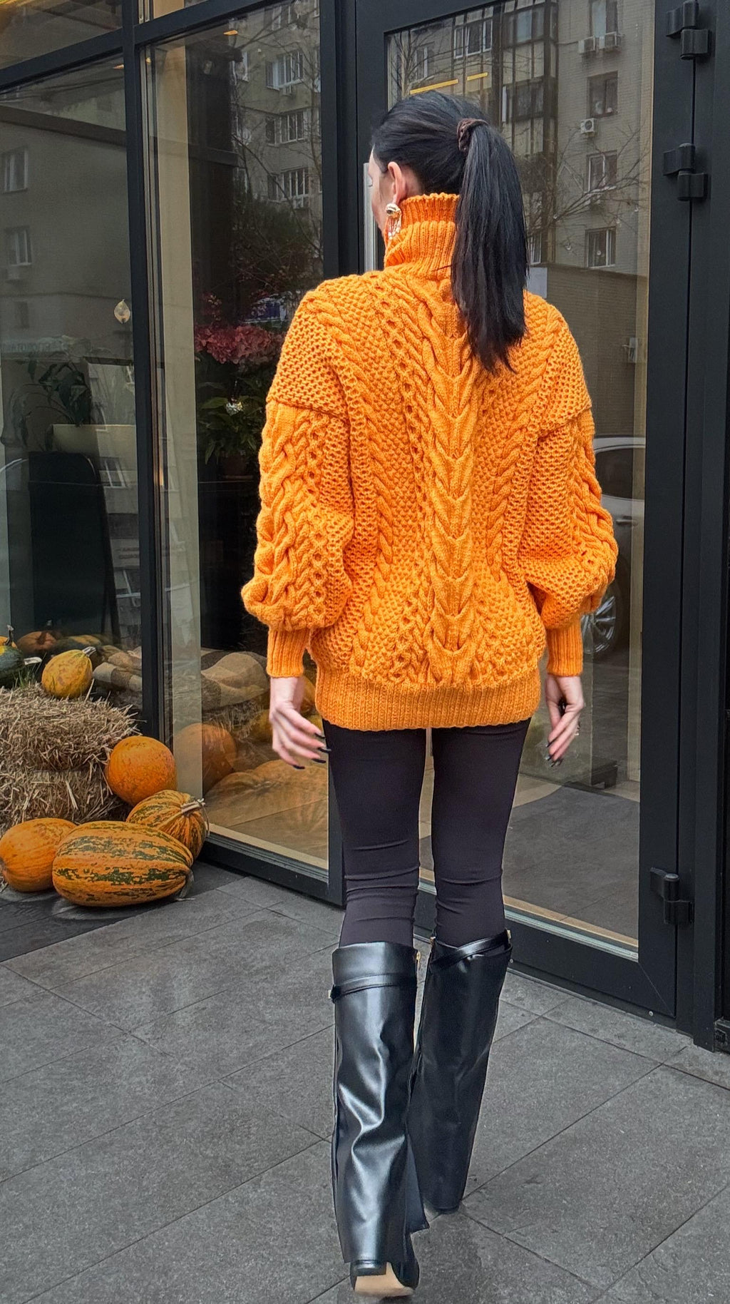 Aran long hand knitted orange merino merino wool sweater dress Turtleneck cable knit pullover women Сhunky knit big sweater