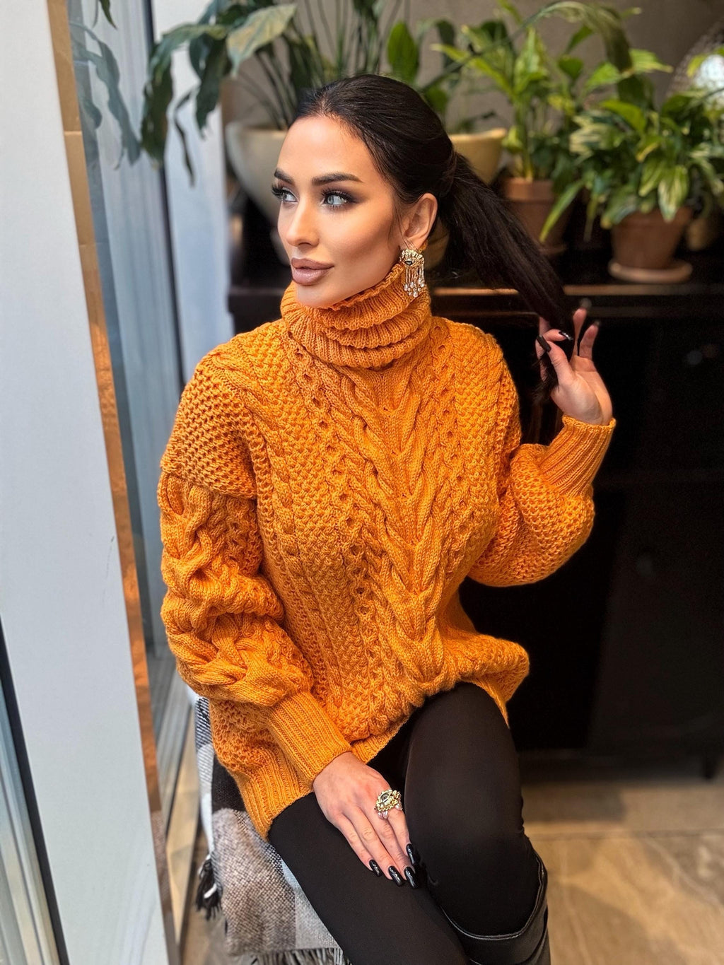 Aran long hand knitted orange merino merino wool sweater dress Turtleneck cable knit pullover women Сhunky knit big sweater