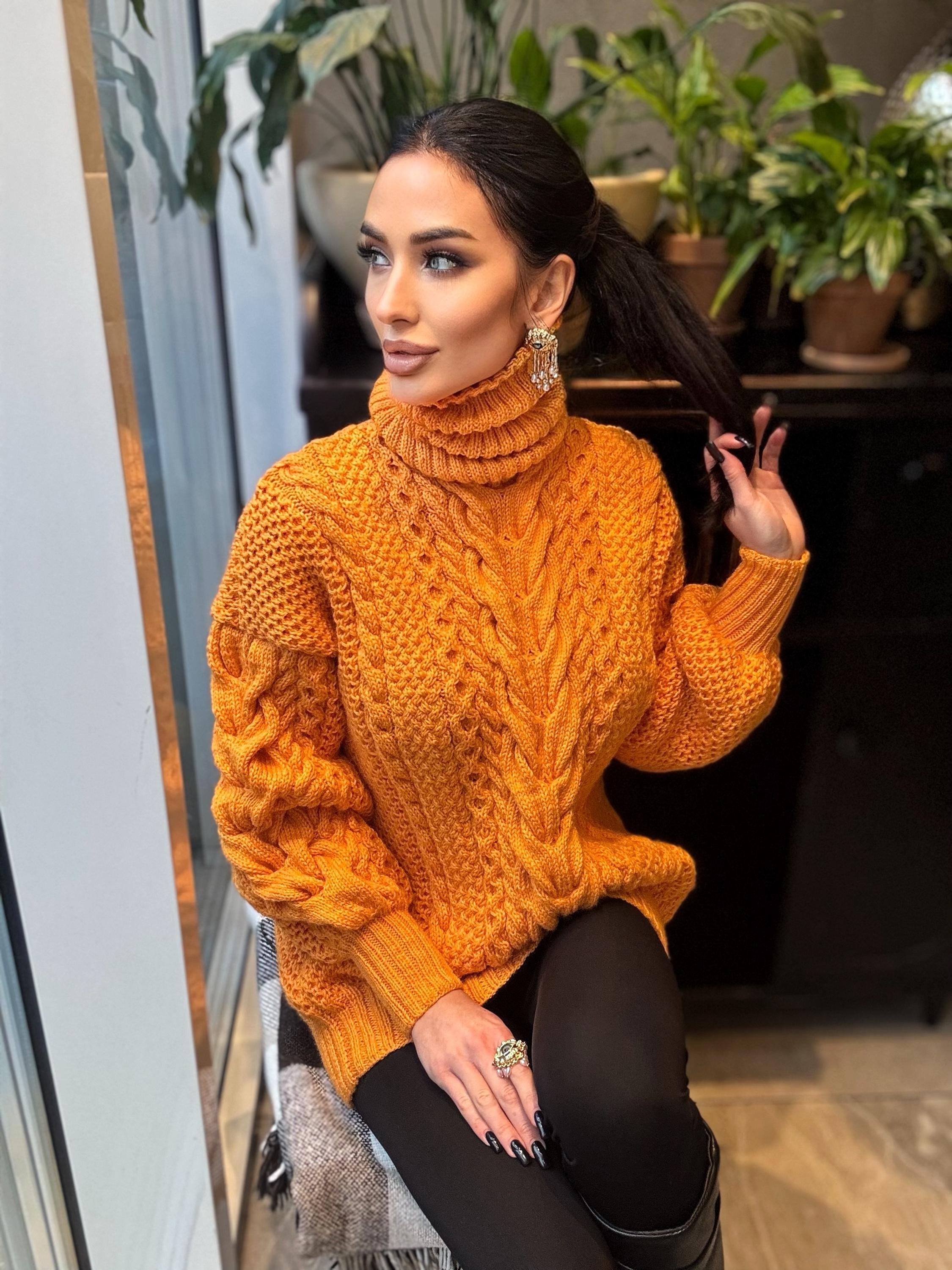 Aran long hand knitted orange merino merino wool sweater dress Turtleneck cable knit pullover women Сhunky knit big sweater