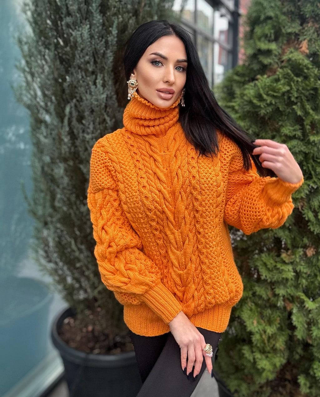 Aran long hand knitted orange merino merino wool sweater dress Turtleneck cable knit pullover women Сhunky knit big sweater
