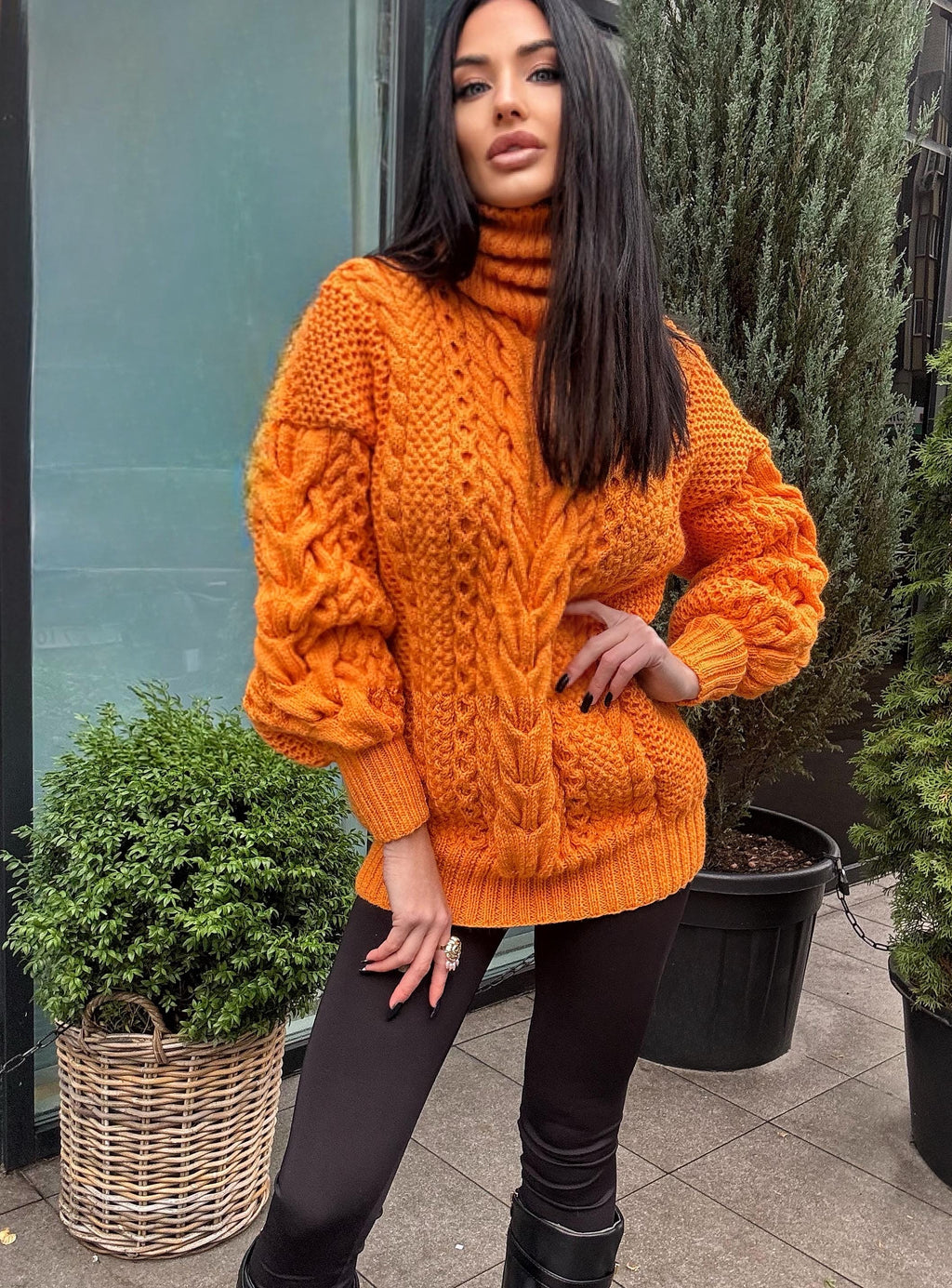 Aran long hand knitted orange merino merino wool sweater dress Turtleneck cable knit pullover women Сhunky knit big sweater