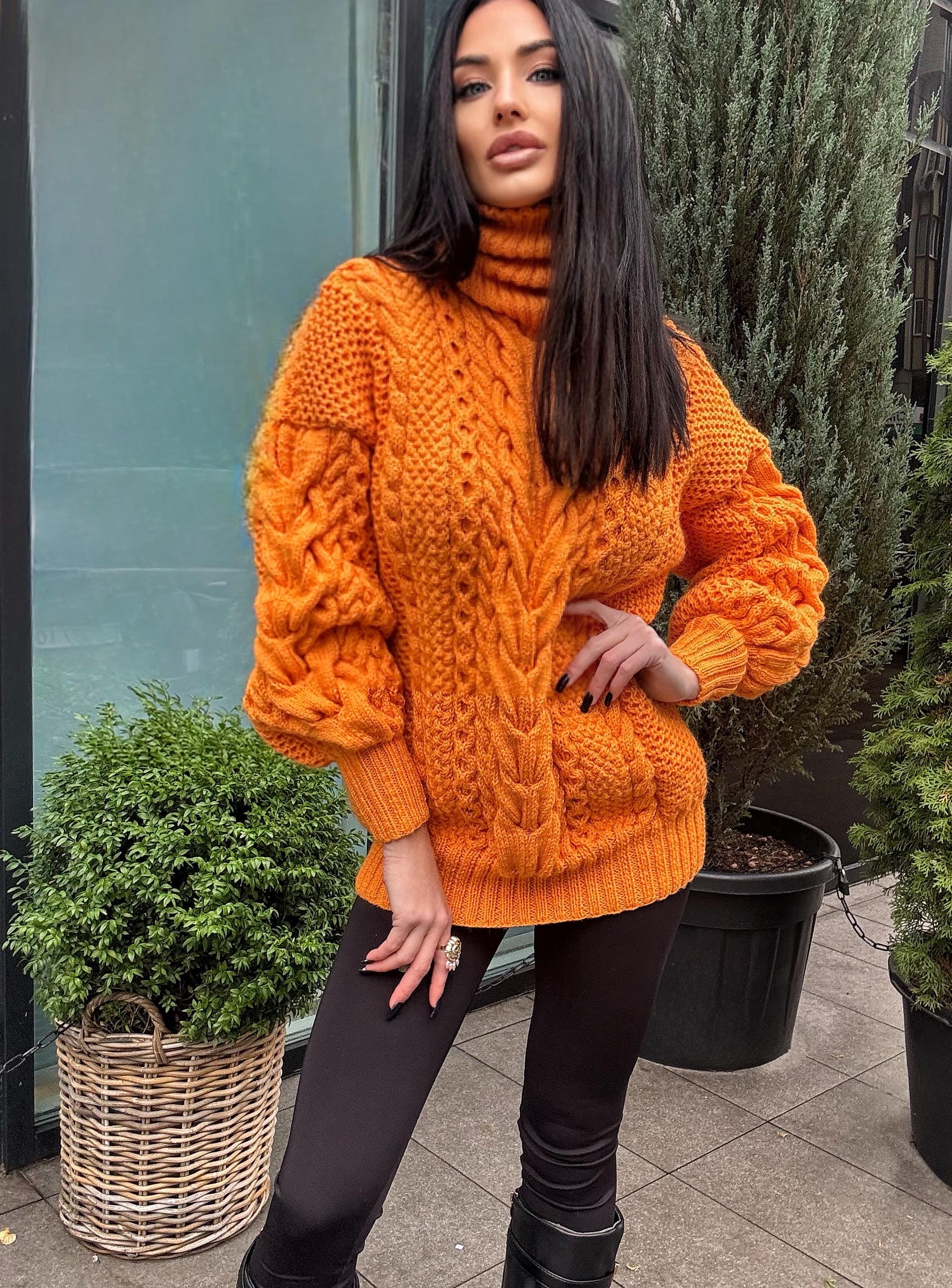 Aran long hand knitted orange merino merino wool sweater dress Turtleneck cable knit pullover women Сhunky knit big sweater