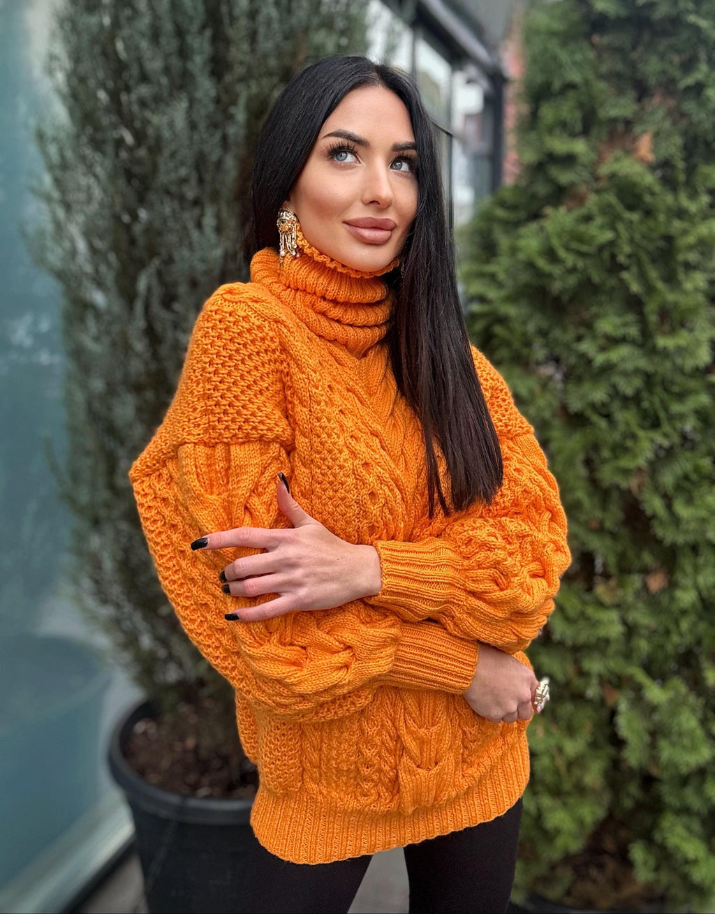 Aran long hand knitted orange merino merino wool sweater dress Turtleneck cable knit pullover women Сhunky knit big sweater