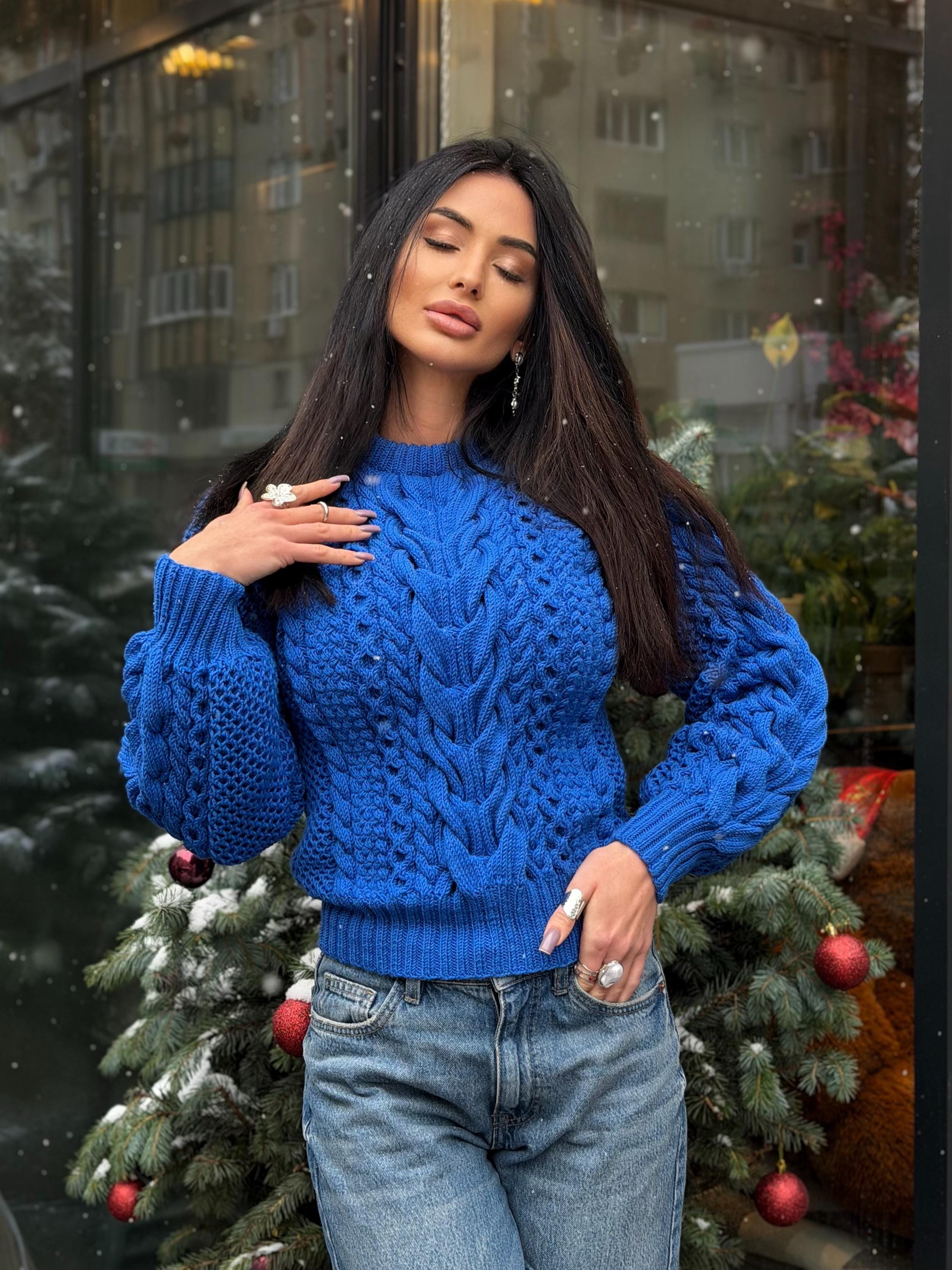 Hand knitted royal blue Aran merino wool sweater for women Cable knit braids jumper Loose knit pullover Chunky knit braids pullover