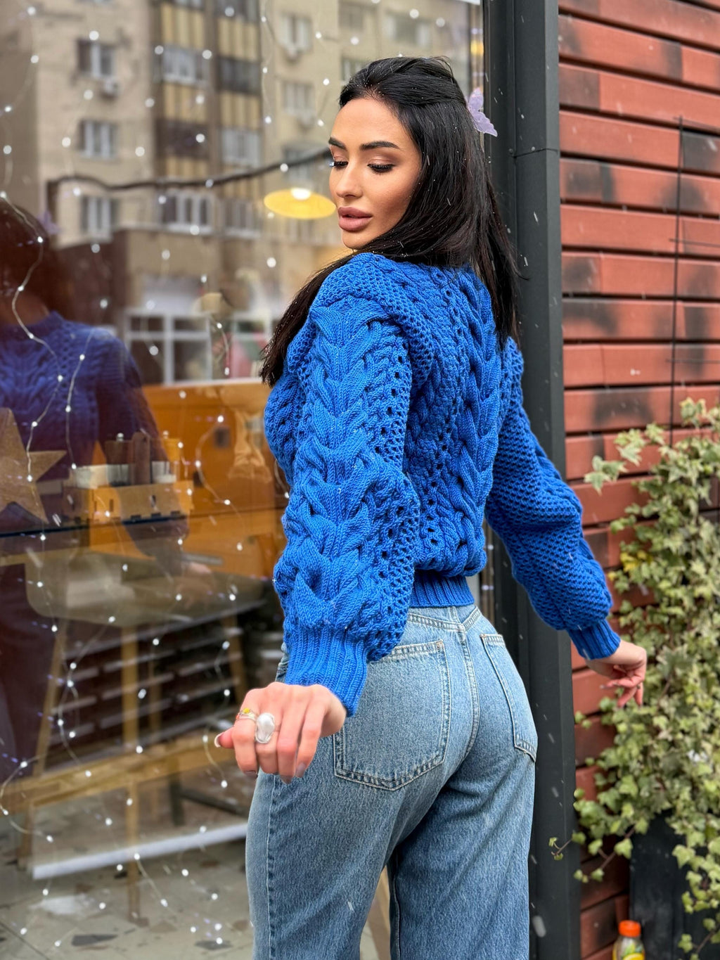 Hand knitted royal blue Aran merino wool sweater for women Cable knit braids jumper Loose knit pullover Chunky knit braids pullover