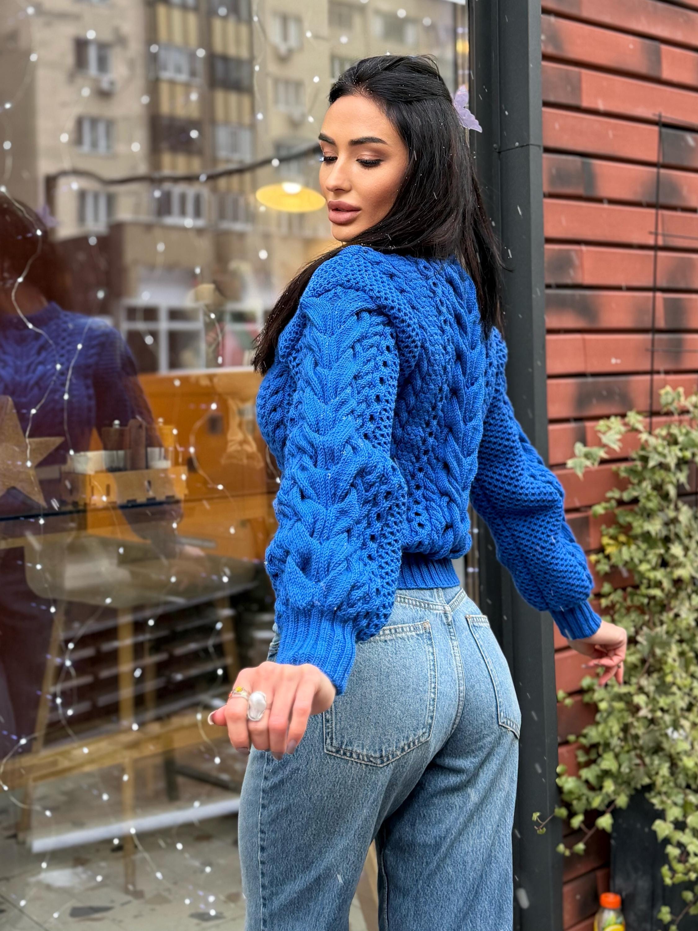Hand knitted royal blue Aran merino wool sweater for women Cable knit braids jumper Loose knit pullover Chunky knit braids pullover