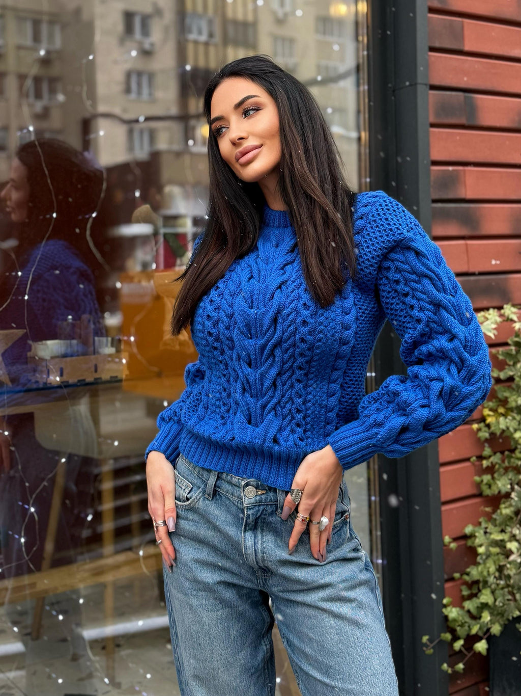 Hand knitted royal blue Aran merino wool sweater for women Cable knit braids jumper Loose knit pullover Chunky knit braids pullover